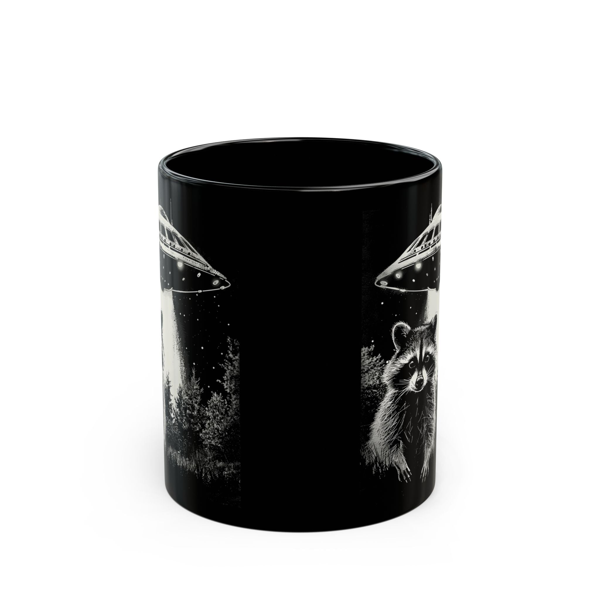 Funny Space Raccoon Mug | Black Ceramic Coffee Cup, 11oz & 15oz | Alien Abduction Parody, Animal Lover Gift, Cosmic Humor Drinkwar