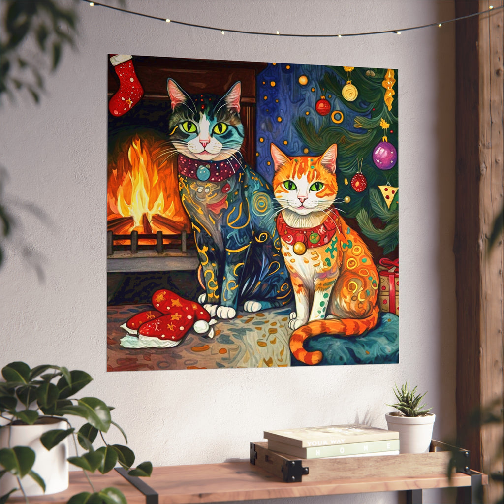 Christmas Cats Holiday Yule Fire Xmas Tree Colorful Fine Art Poster