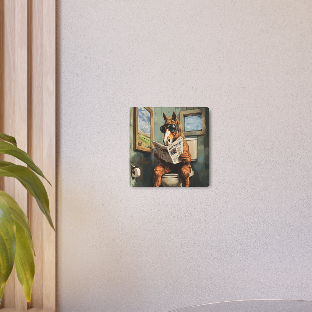 Metal Art Sign - Bathroom Humor, Horse Reading Newspaper on the Toilet, Rustic bathroom decor