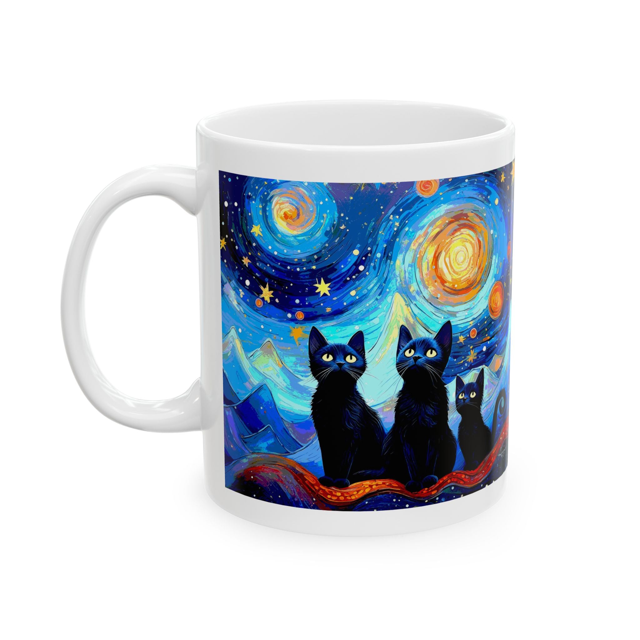 Coffee Mug – Black Cats Under a Starry Night Sky | 11oz & 15oz Ceramic Mug, Cat Lover Gift, Moon & Stars Drinkware, Cozy Reading Cup