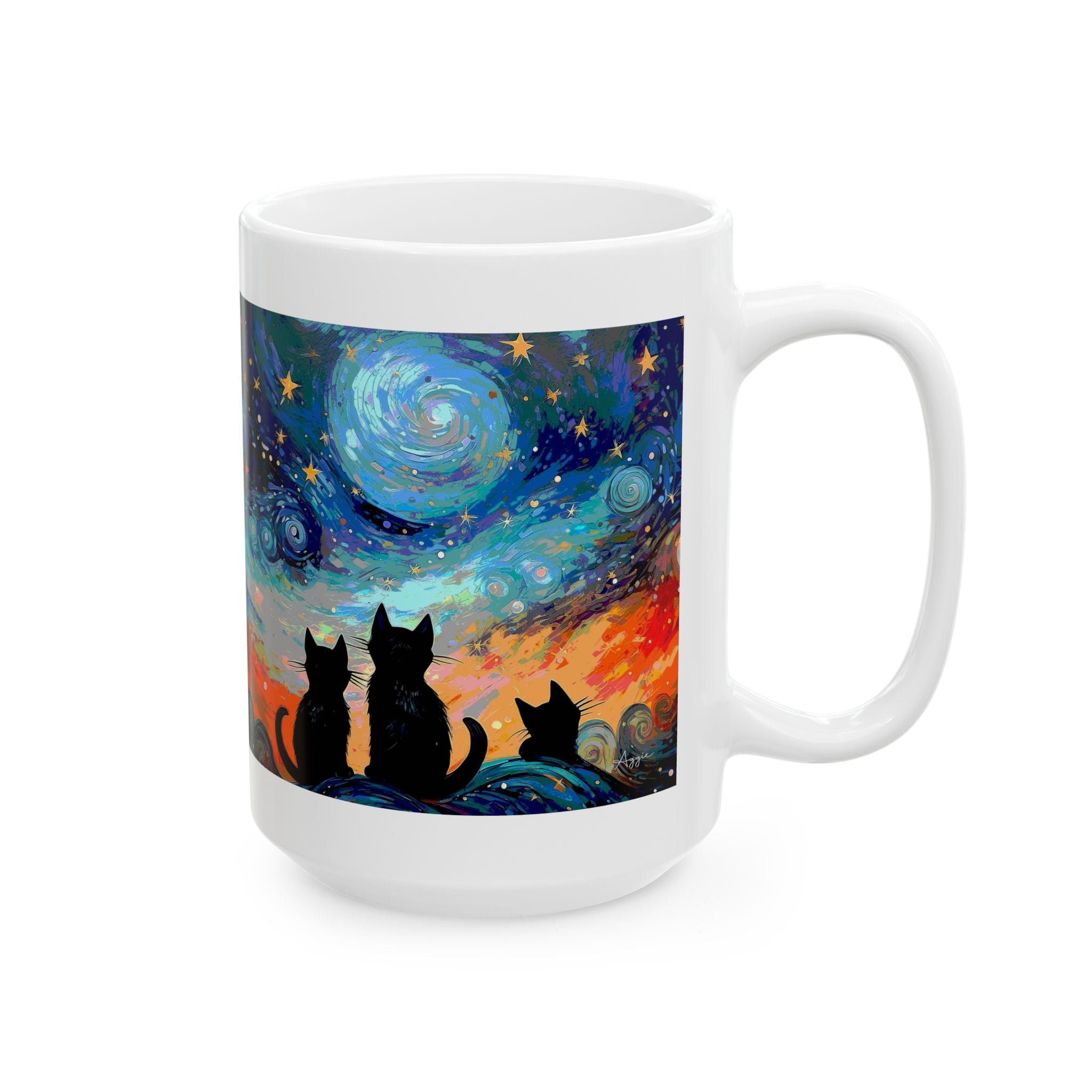 Coffee Mug – Black Cats Under a Starry Night Sky | 11oz & 15oz Ceramic Mug, Cat Lover Gift, Moon & Stars Drinkware, Cozy Reading Cup