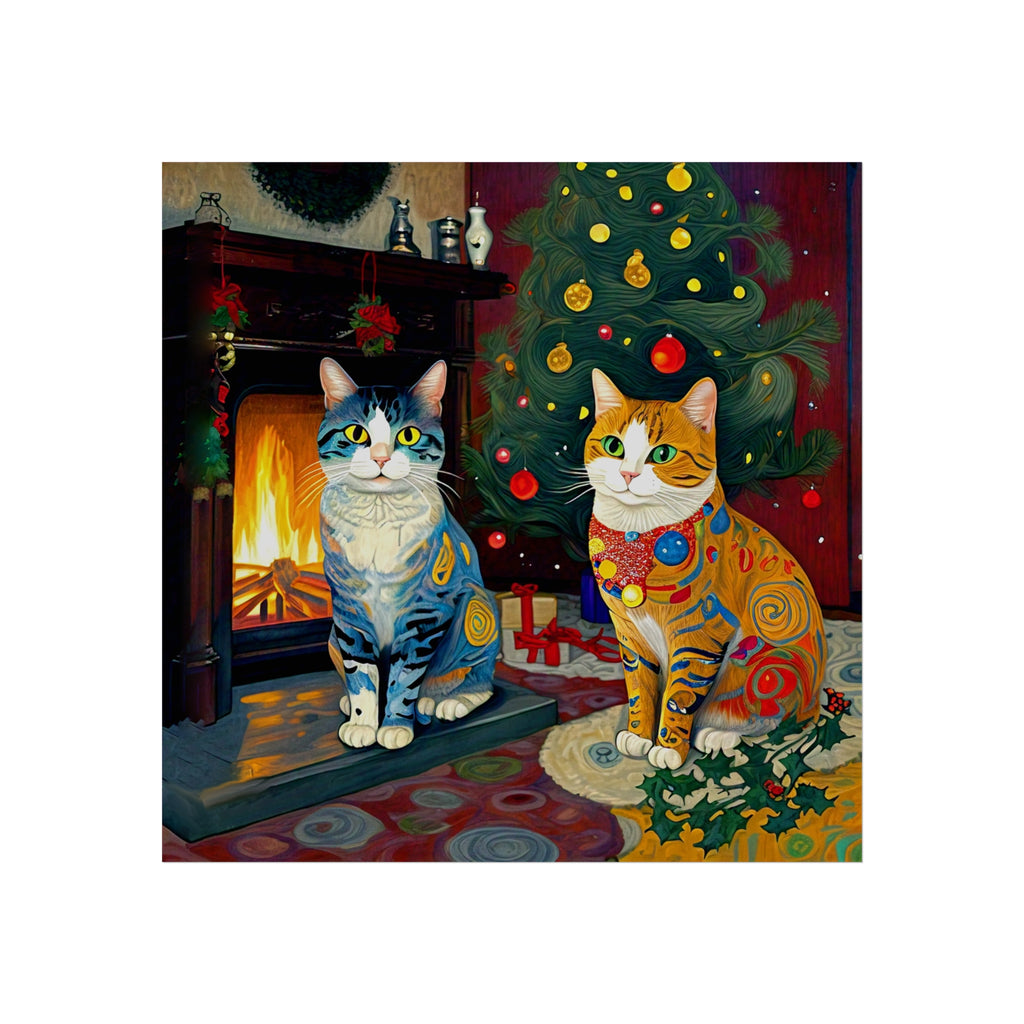 Christmas Cats Holiday Yule Fire Colorful Fine Art Poster