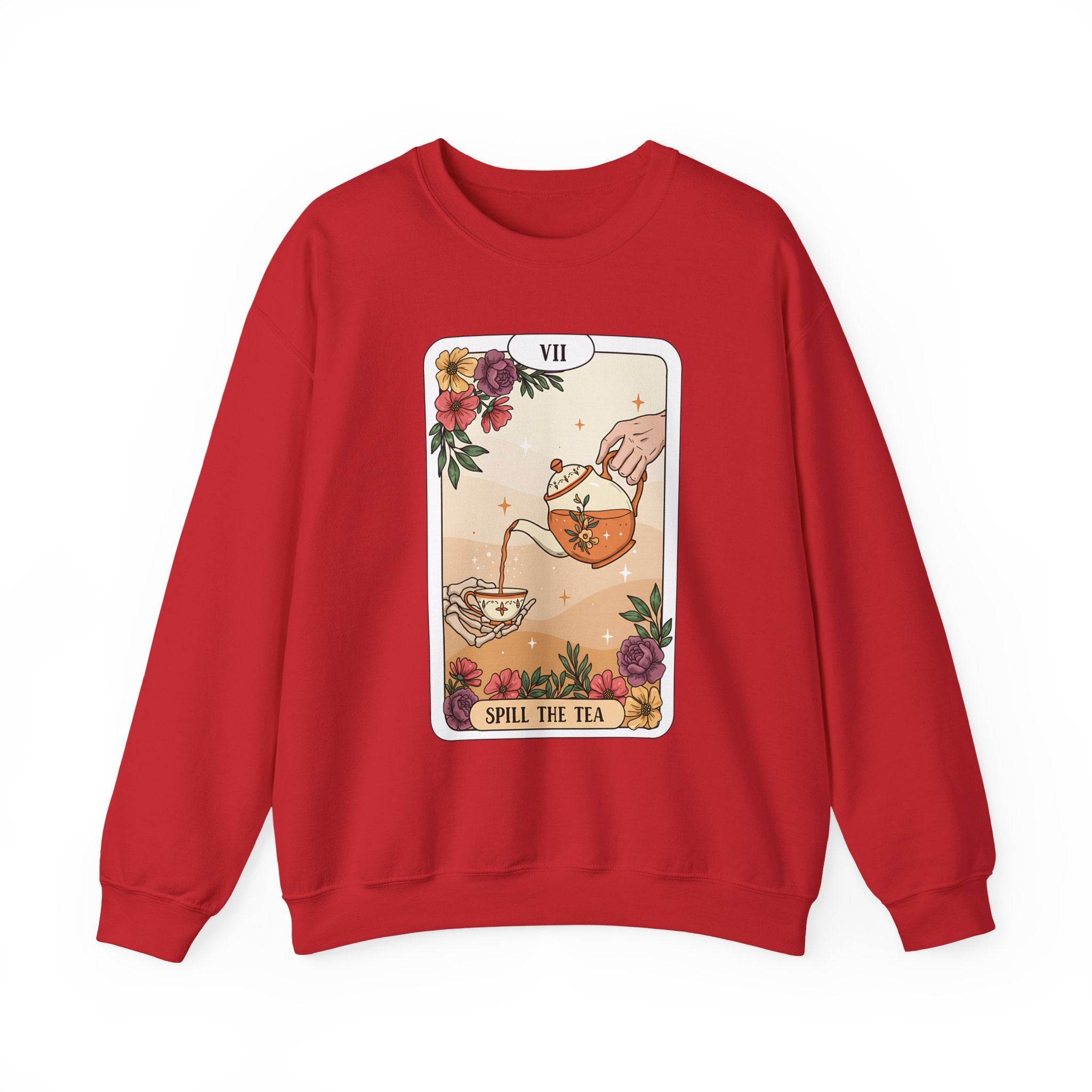 “Spill the Tea” Long Sleeve Shirt – Tarot-Inspired Graphic Tee | Cozy Witchy Apparel | Funny Gift for Tea Lovers