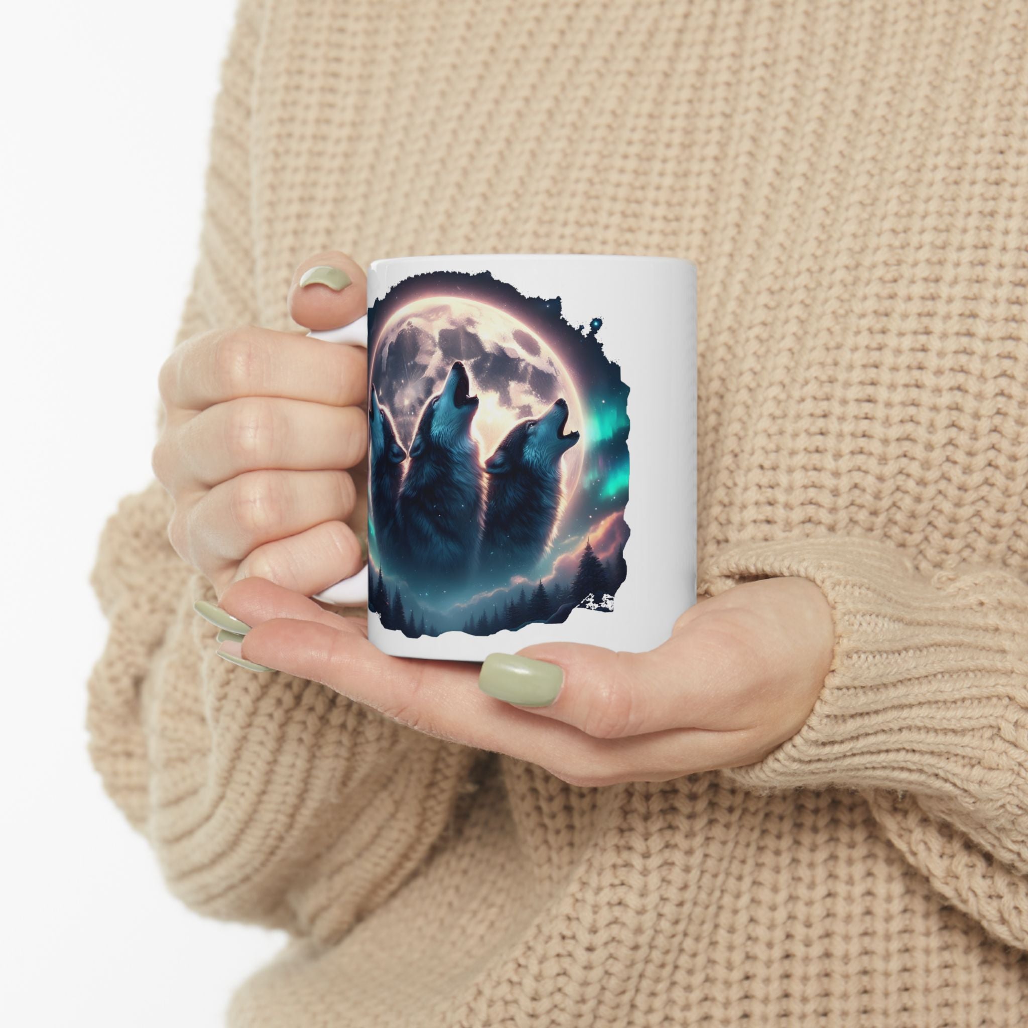 Wolf Howling, Mountains, Moonlight Ceramic Mug (11oz, 15oz)