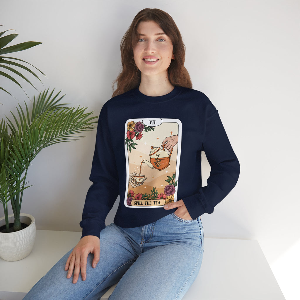 “Spill the Tea” Long Sleeve Shirt – Tarot-Inspired Graphic Tee | Cozy Witchy Apparel | Funny Gift for Tea Lovers