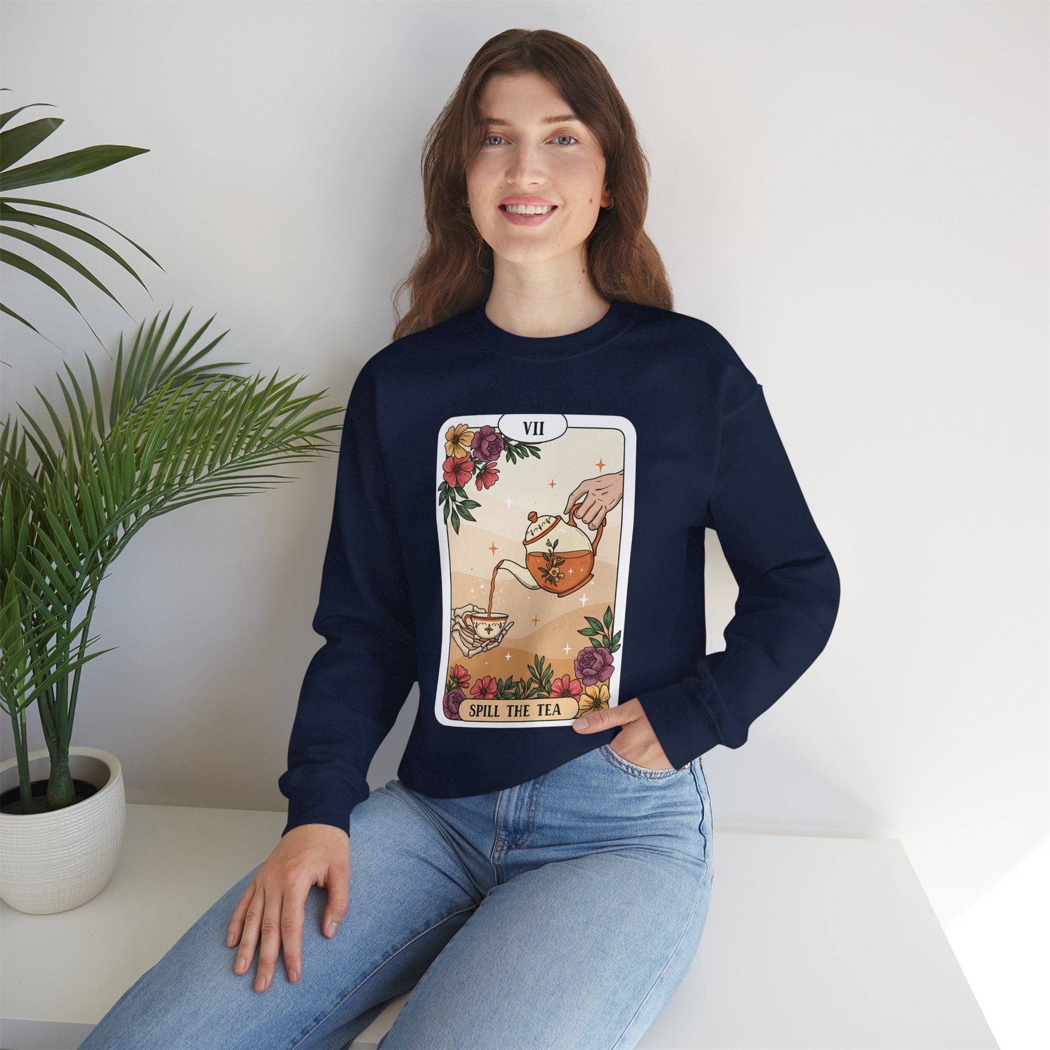 “Spill the Tea” Long Sleeve Shirt – Tarot-Inspired Graphic Tee | Cozy Witchy Apparel | Funny Gift for Tea Lovers
