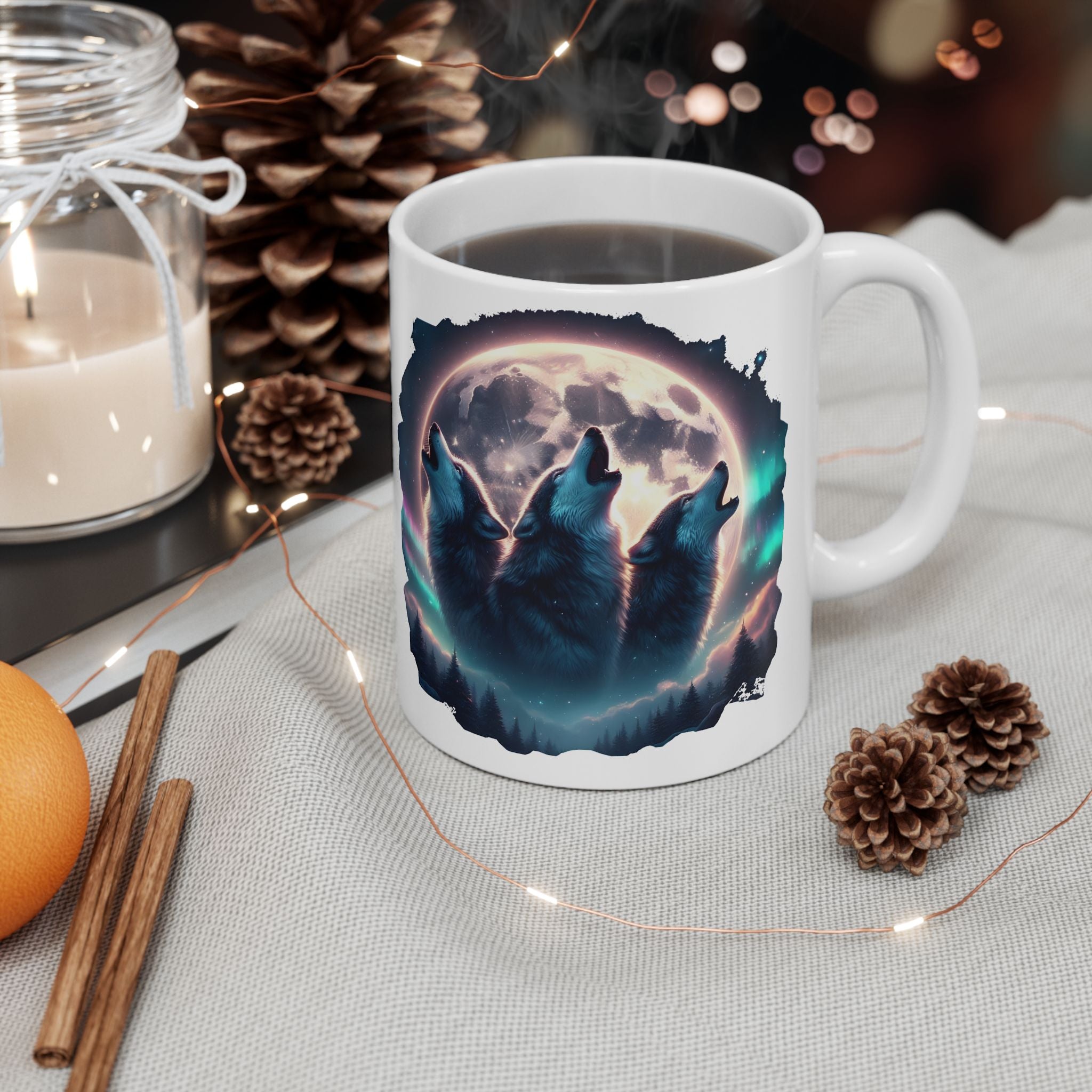 Wolf Howling, Mountains, Moonlight Ceramic Mug (11oz, 15oz)