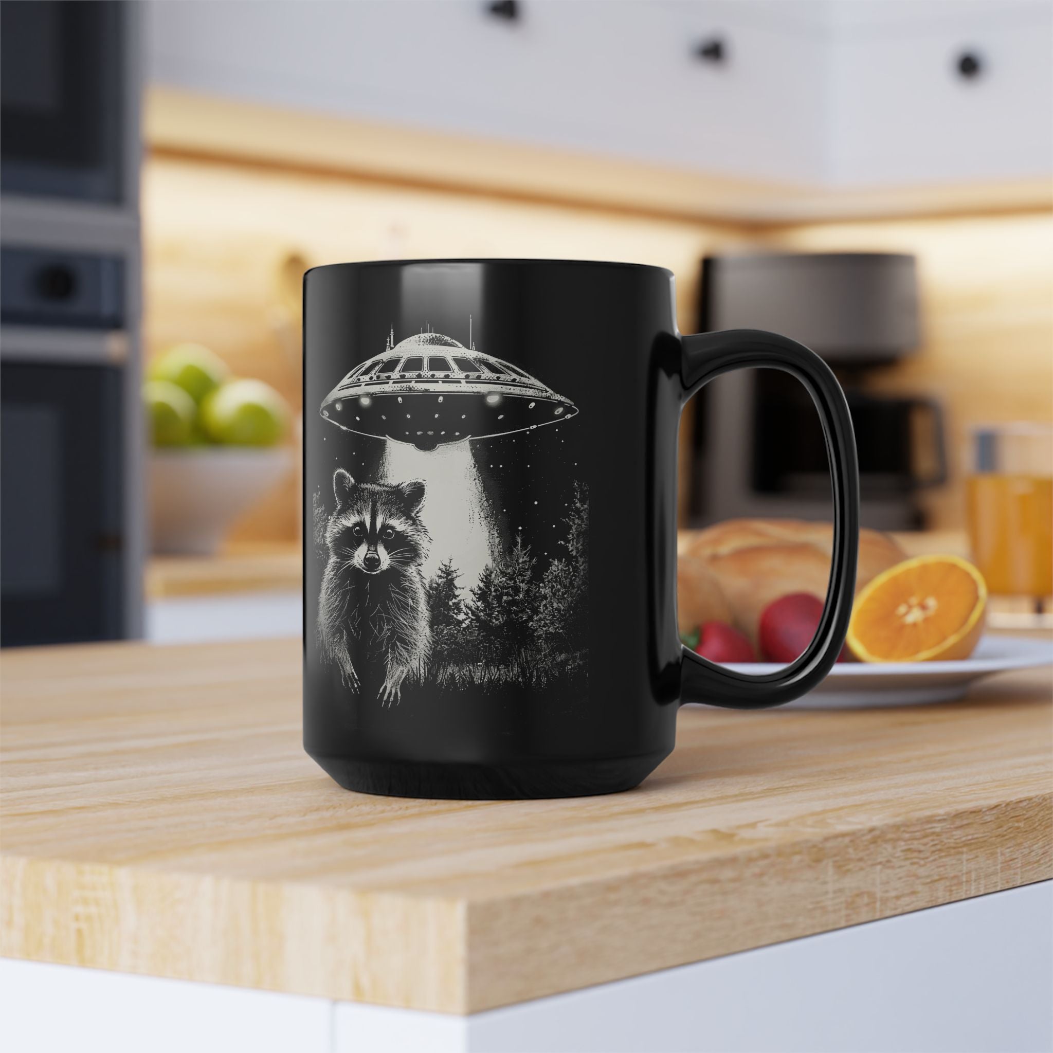 Funny Space Raccoon Mug | Black Ceramic Coffee Cup, 11oz & 15oz | Alien Abduction Parody, Animal Lover Gift, Cosmic Humor Drinkwar