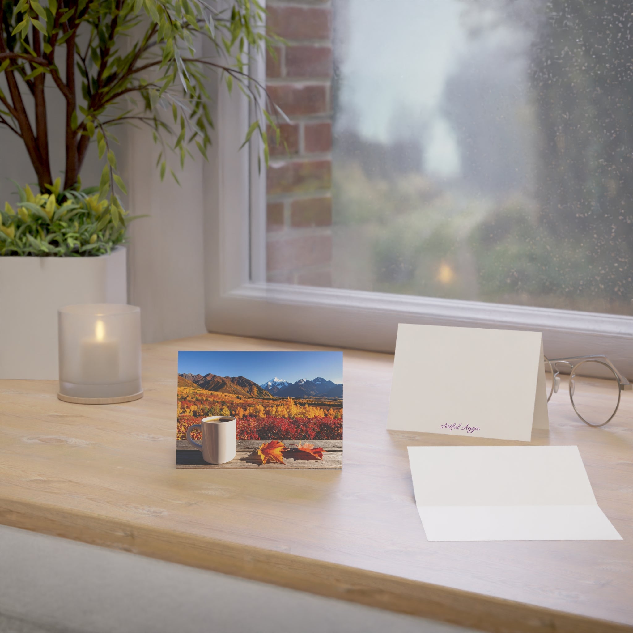 Autumn Mountain Getaway Greeting Card | Fall Colors & Coffee View | Blank Inside | Single or Multi-Pack (3.5x4.9 or 5x7)