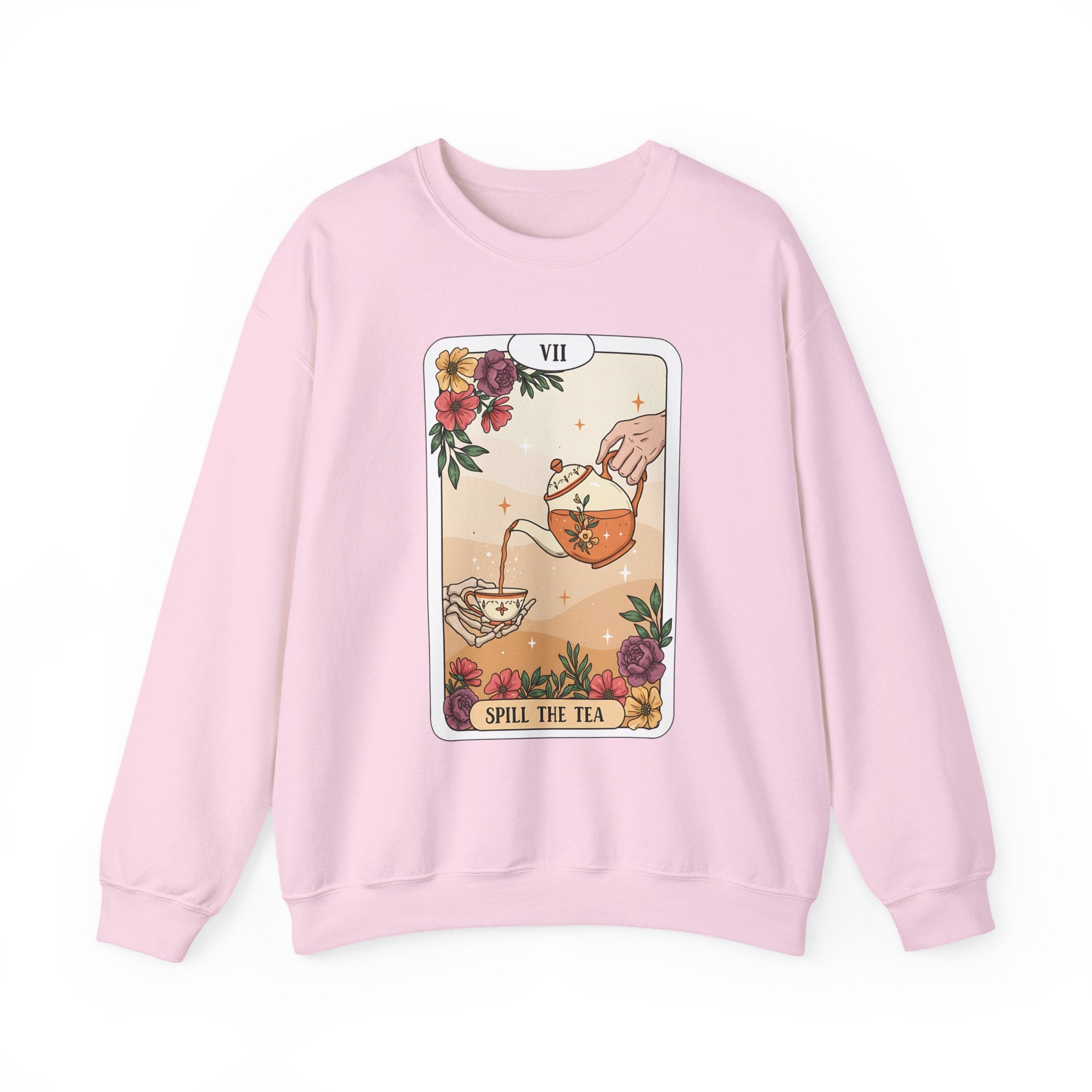 “Spill the Tea” Long Sleeve Shirt – Tarot-Inspired Graphic Tee | Cozy Witchy Apparel | Funny Gift for Tea Lovers