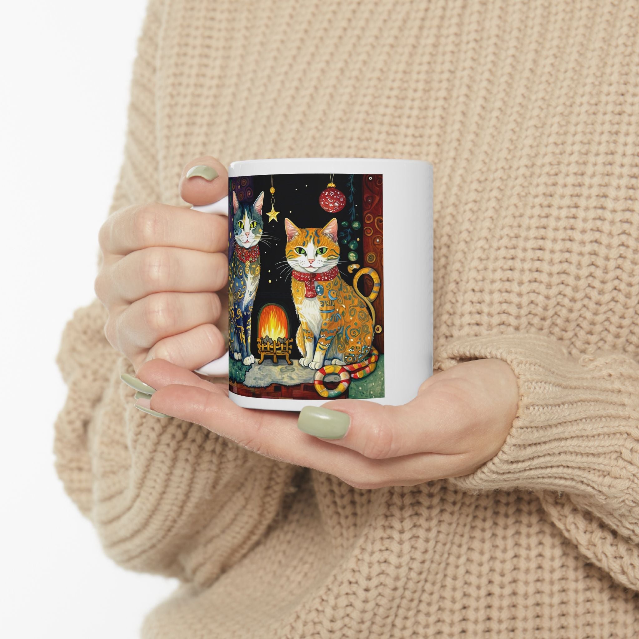 Mug - Colorful Christmas Cats Yule Fire Klimt Style