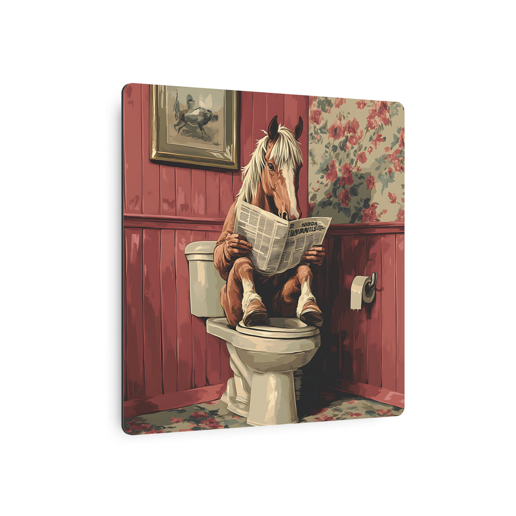 Metal Art Sign - Bathroom Humor Horse Reading Newspaper on the Toilet