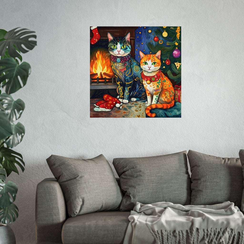 Christmas Cats Holiday Yule Fire Xmas Tree Colorful Fine Art Poster