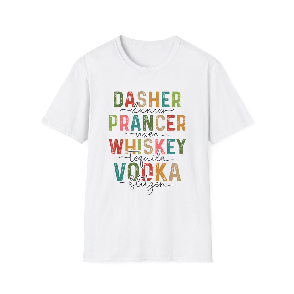 Holiday Reindeer Alcohol Unisex T-Shirt - Dasher Dancer Prancer Vixen Whiskey Tequila Vodka Blitzen