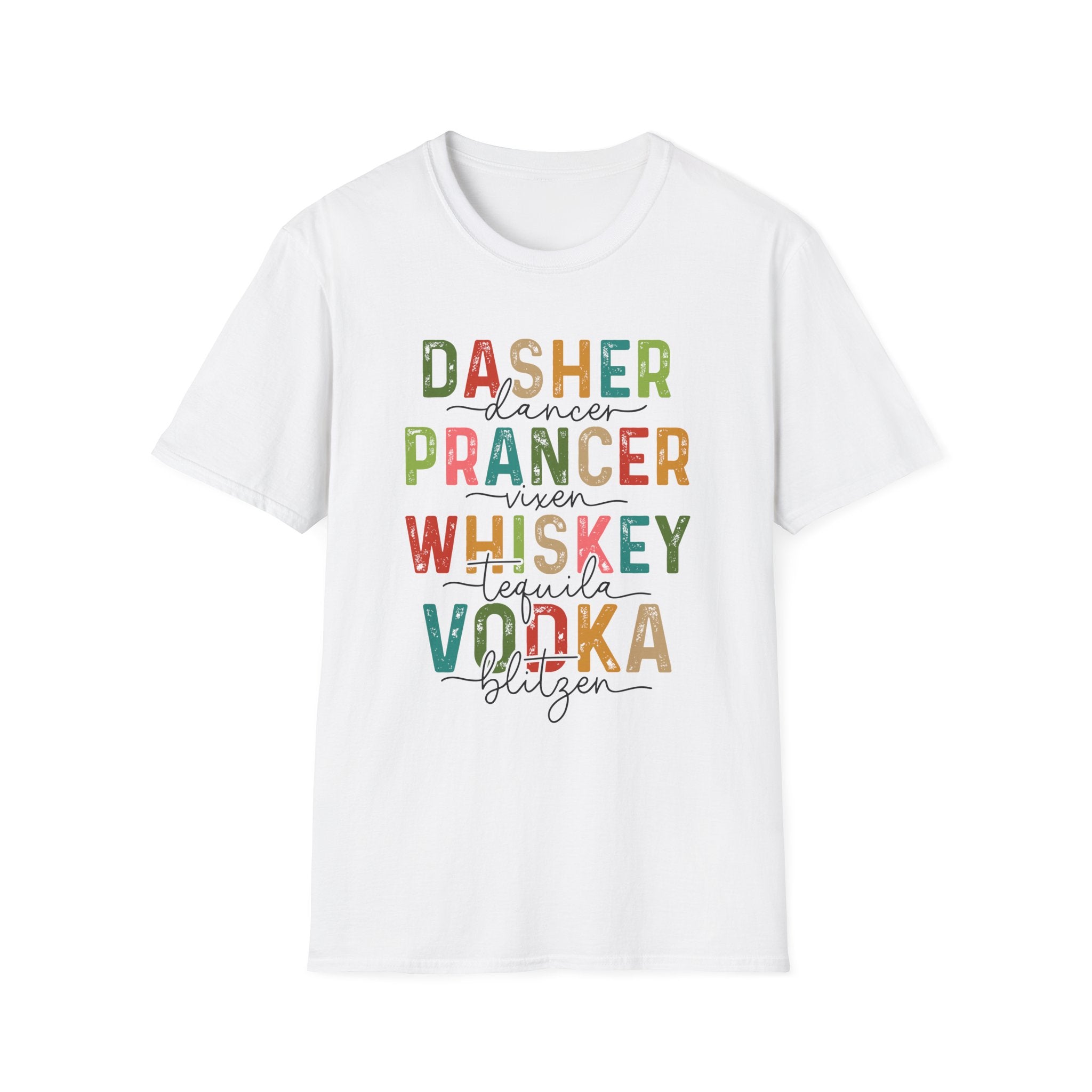 Holiday Reindeer Alcohol Unisex T-Shirt - Dasher Dancer Prancer Vixen Whiskey Tequila Vodka Blitzen