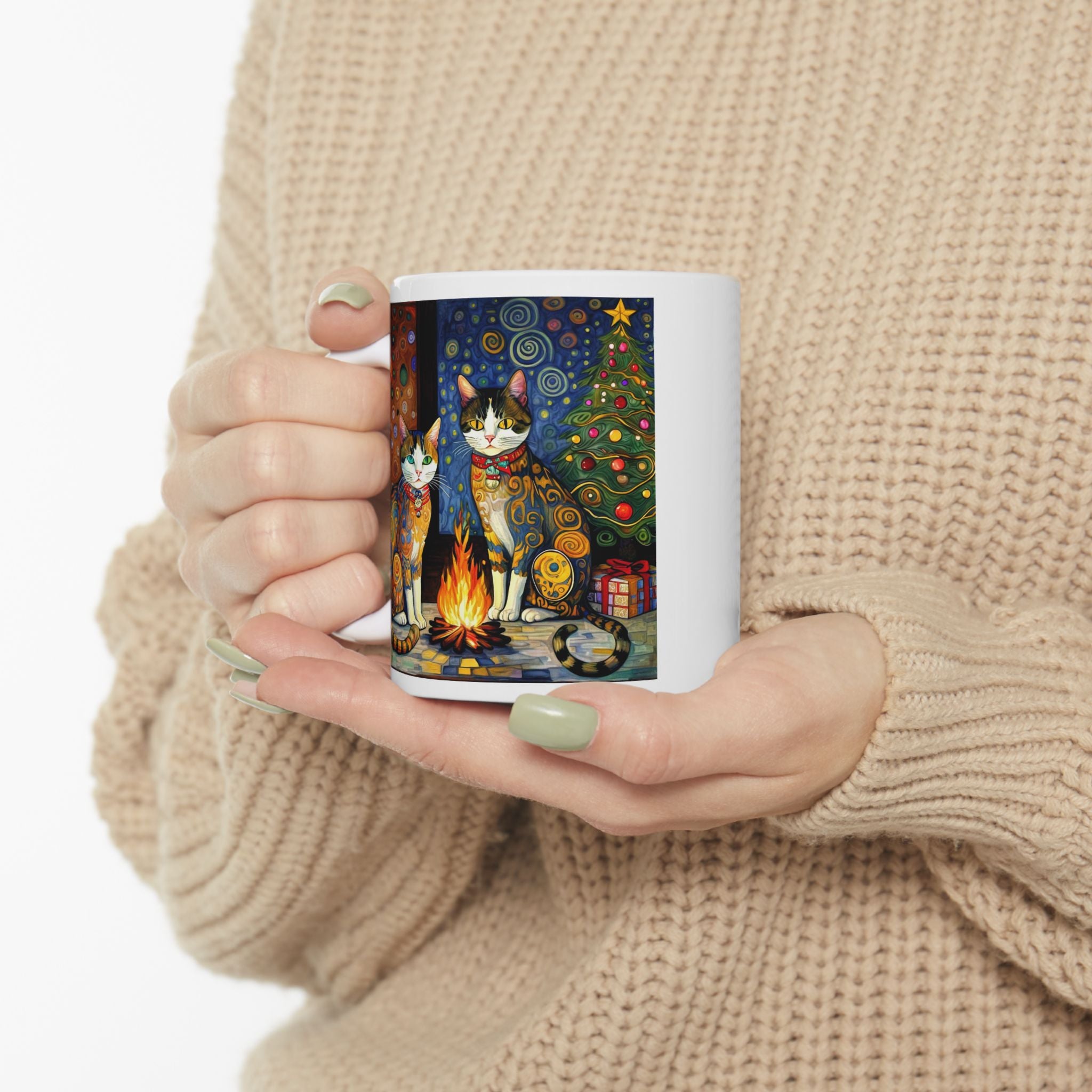 Mug - Colorful Christmas Cats Yule Fire Klimt Style