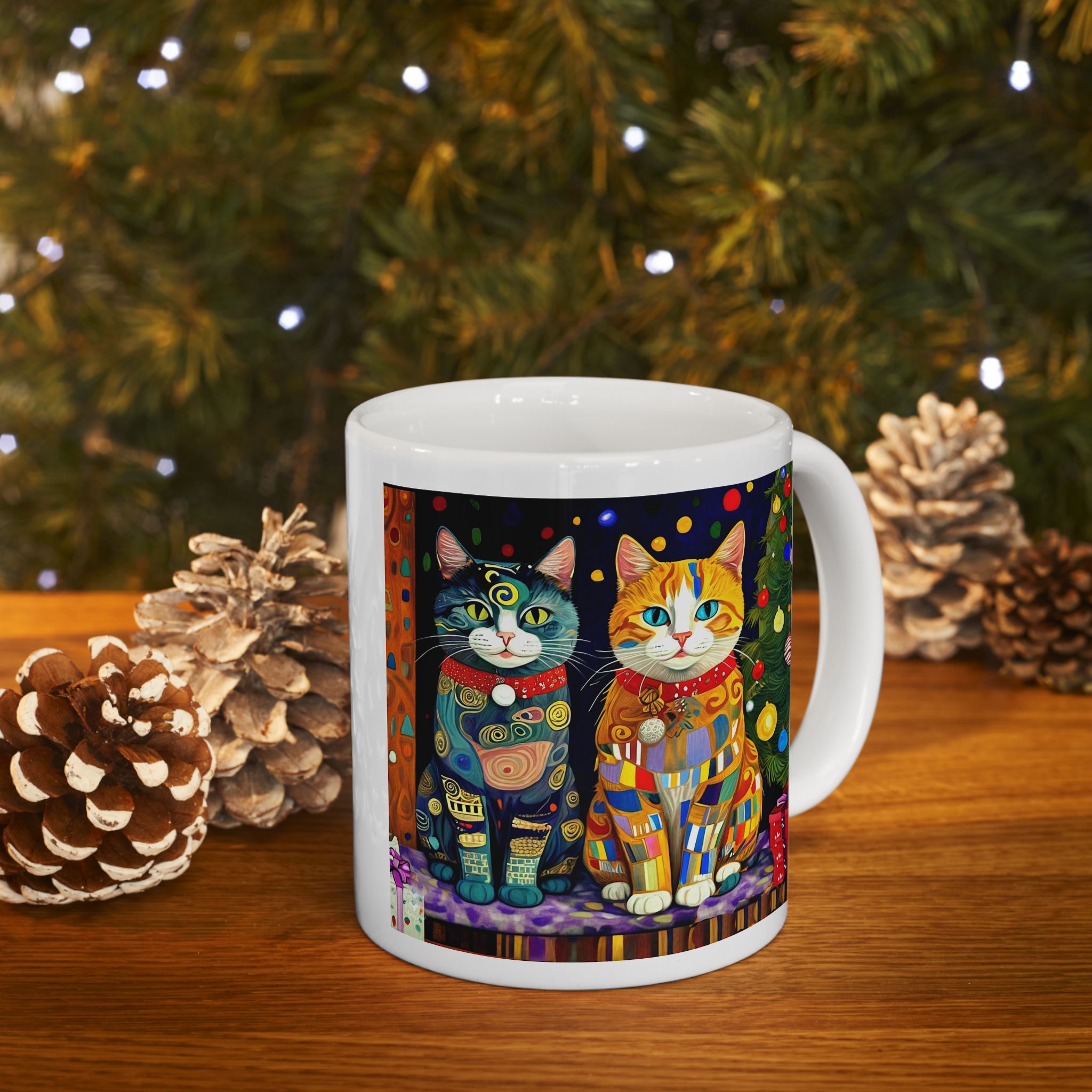 Mug - Colorful Christmas Cats Xmas Tree Klimt Style