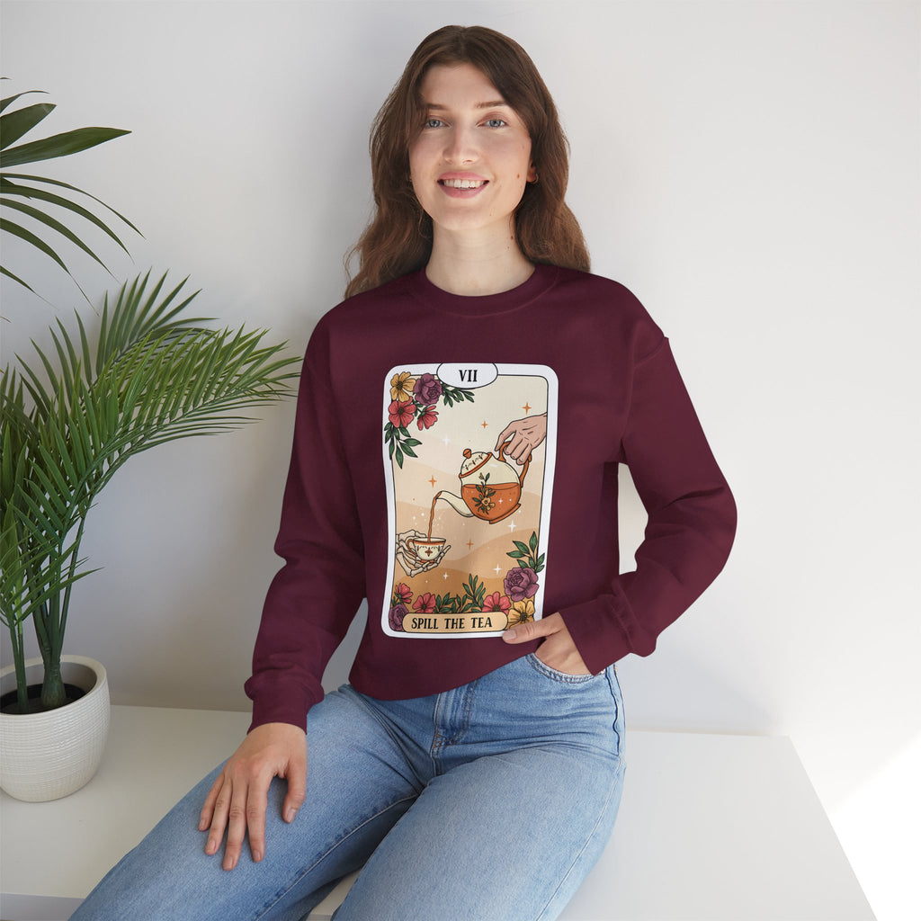 “Spill the Tea” Long Sleeve Shirt – Tarot-Inspired Graphic Tee | Cozy Witchy Apparel | Funny Gift for Tea Lovers