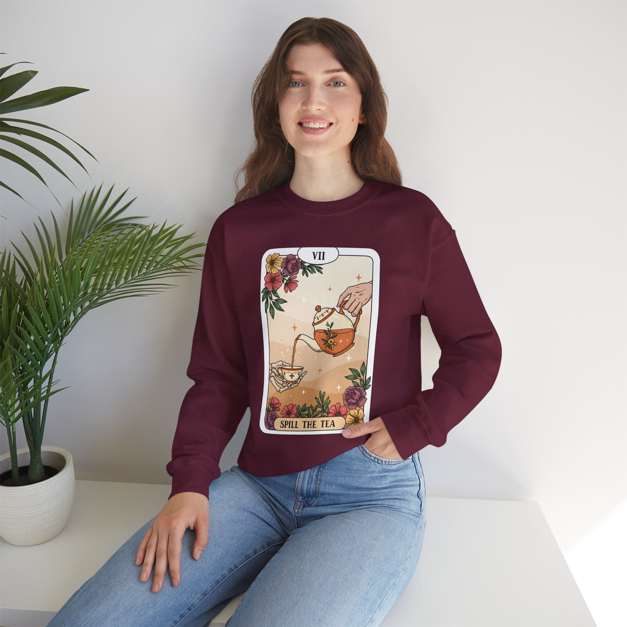 “Spill the Tea” Long Sleeve Shirt – Tarot-Inspired Graphic Tee | Cozy Witchy Apparel | Funny Gift for Tea Lovers