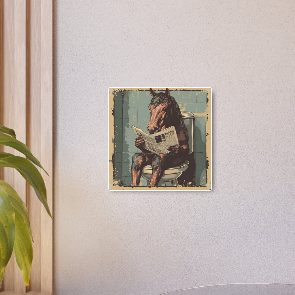 Metal Art Sign - Bathroom Humor, Horse Reading Newspaper on the Toilet, blue bathroom decor