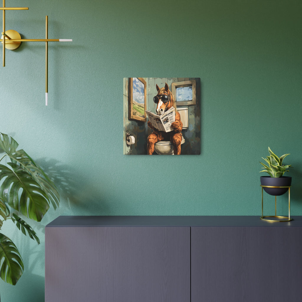 Metal Art Sign - Bathroom Humor, Horse Reading Newspaper on the Toilet, Rustic bathroom decor