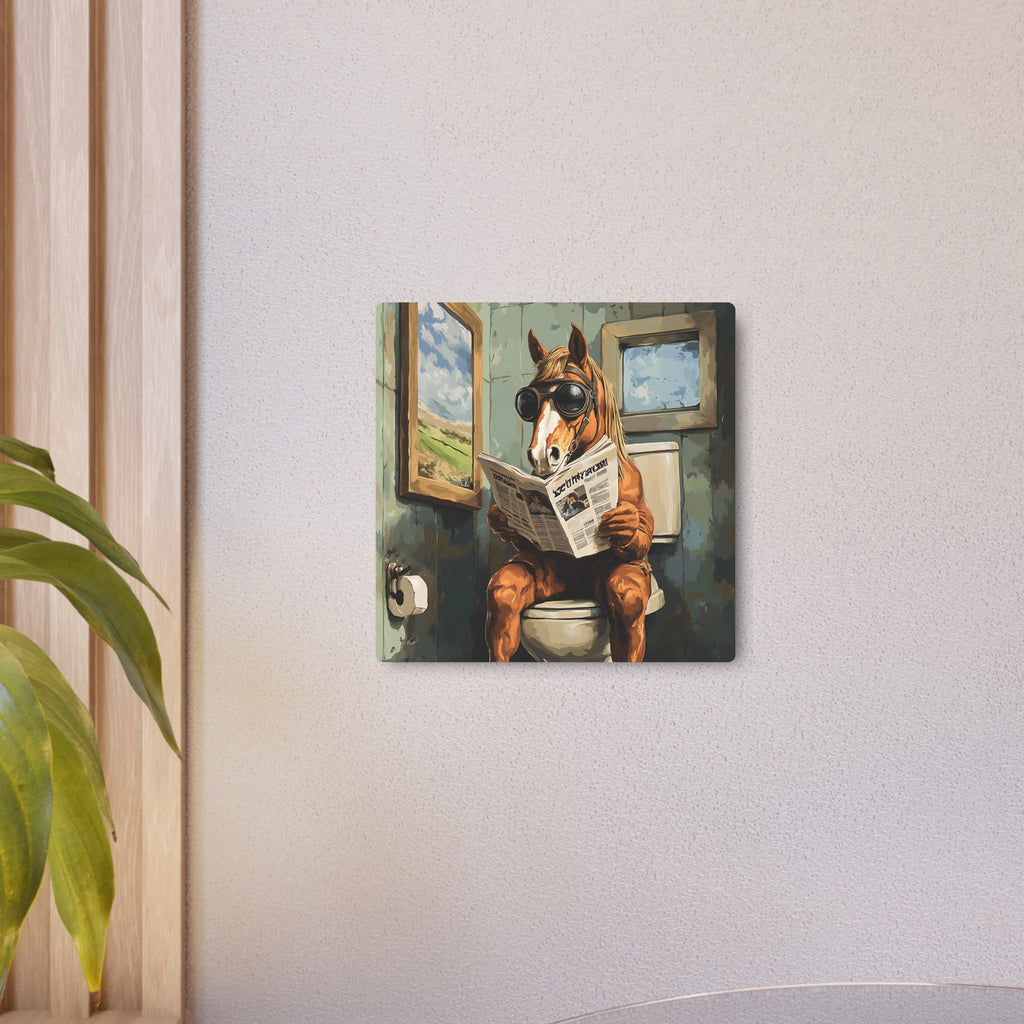 Metal Art Sign - Bathroom Humor, Horse Reading Newspaper on the Toilet, Rustic bathroom decor