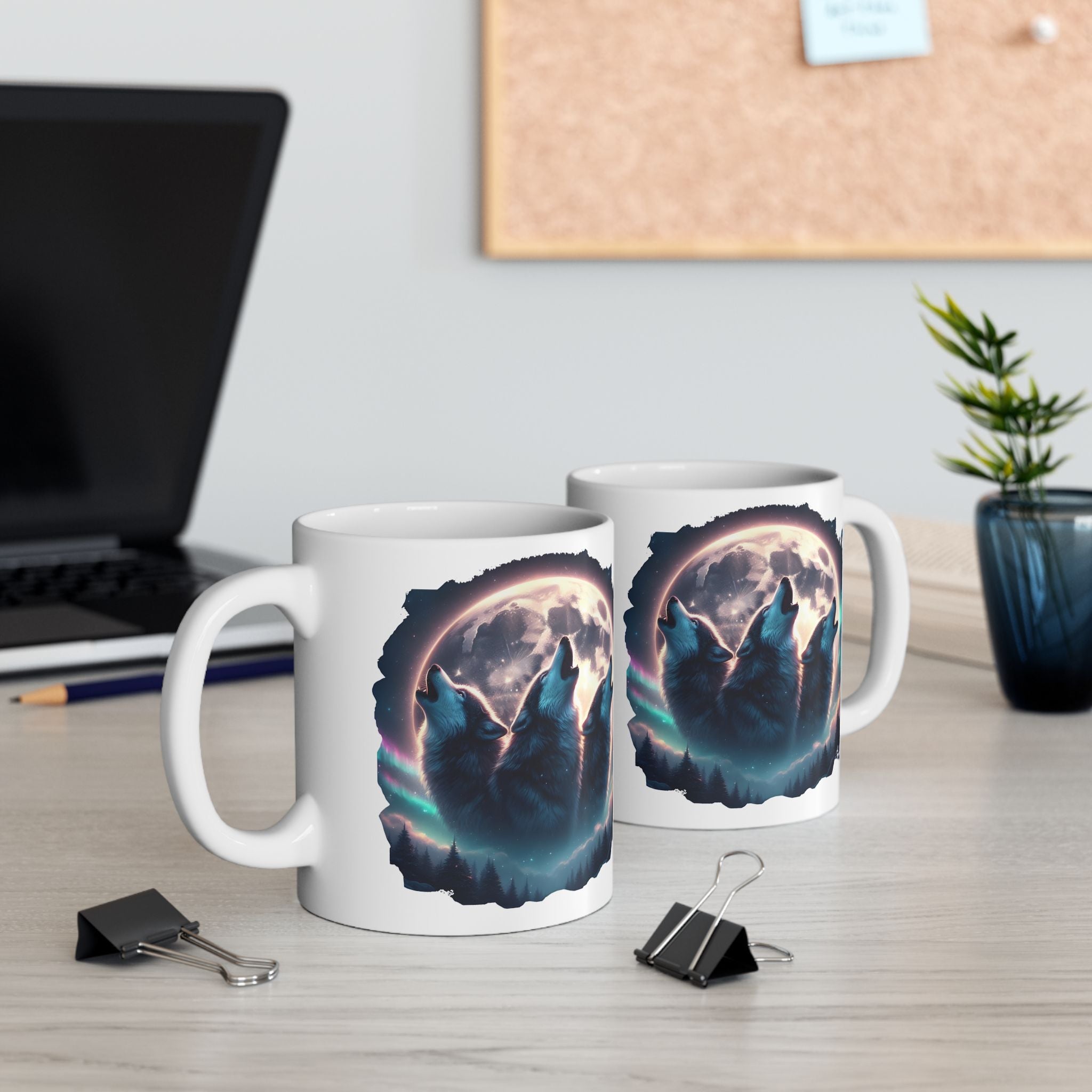 Wolf Howling, Mountains, Moonlight Ceramic Mug (11oz, 15oz)
