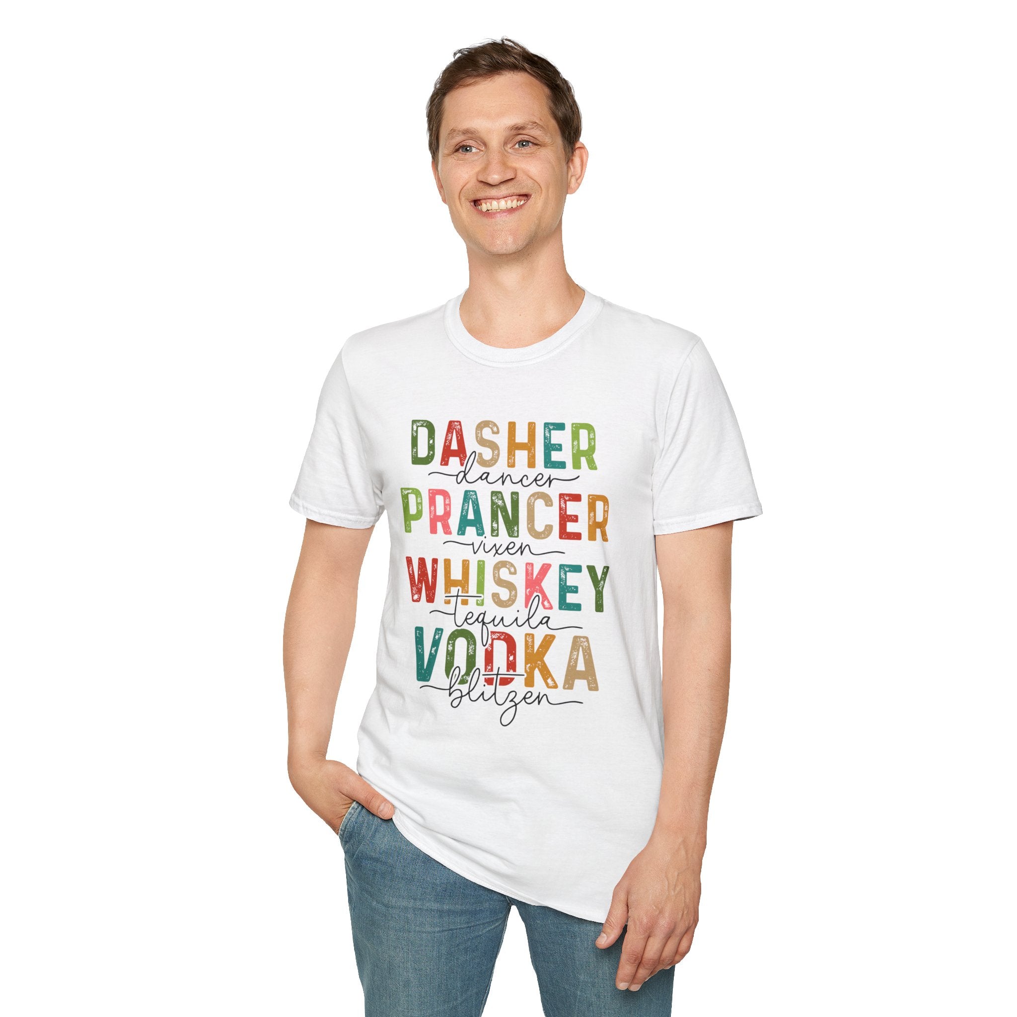 Holiday Reindeer Alcohol Unisex T-Shirt - Dasher Dancer Prancer Vixen Whiskey Tequila Vodka Blitzen