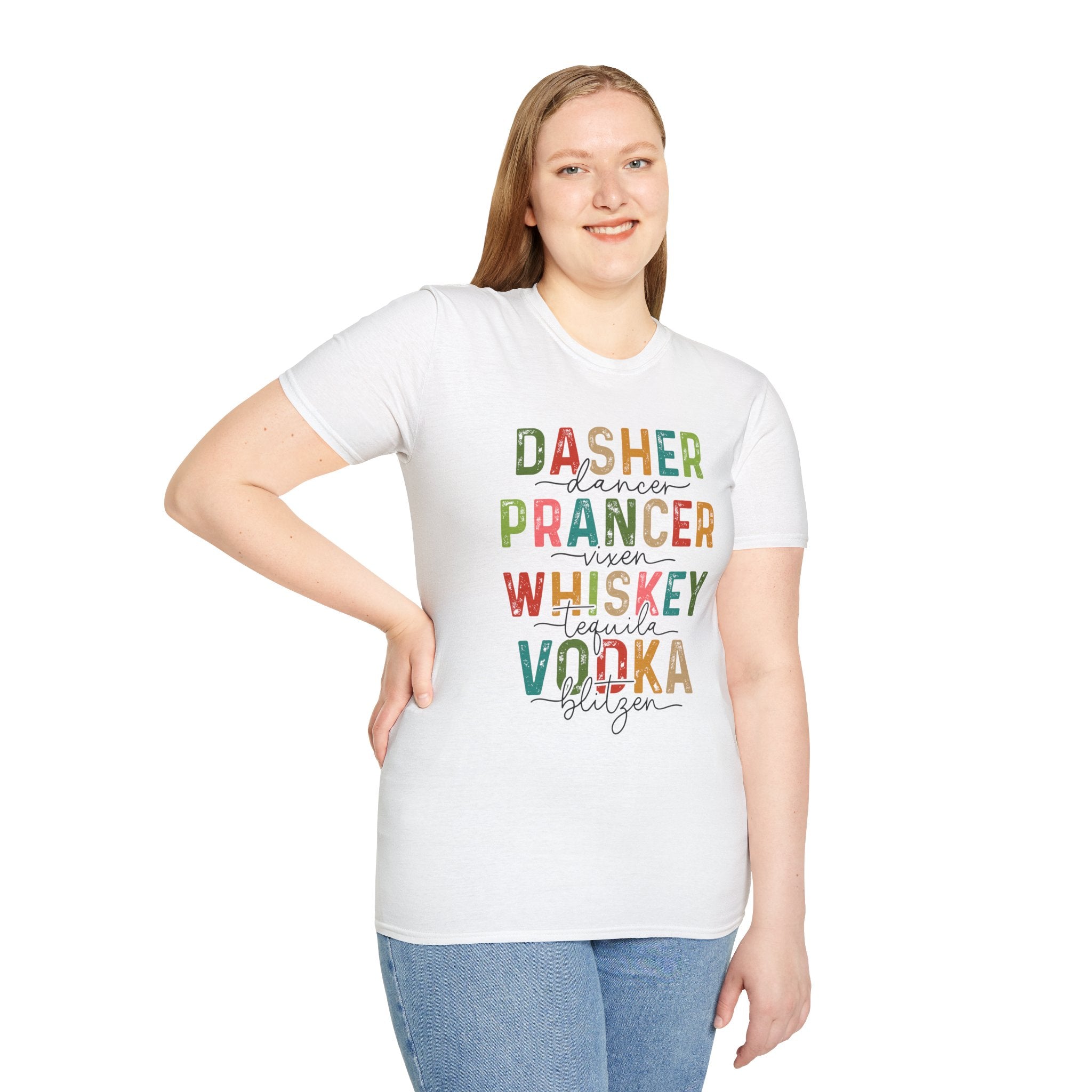 Holiday Reindeer Alcohol Unisex T-Shirt - Dasher Dancer Prancer Vixen Whiskey Tequila Vodka Blitzen