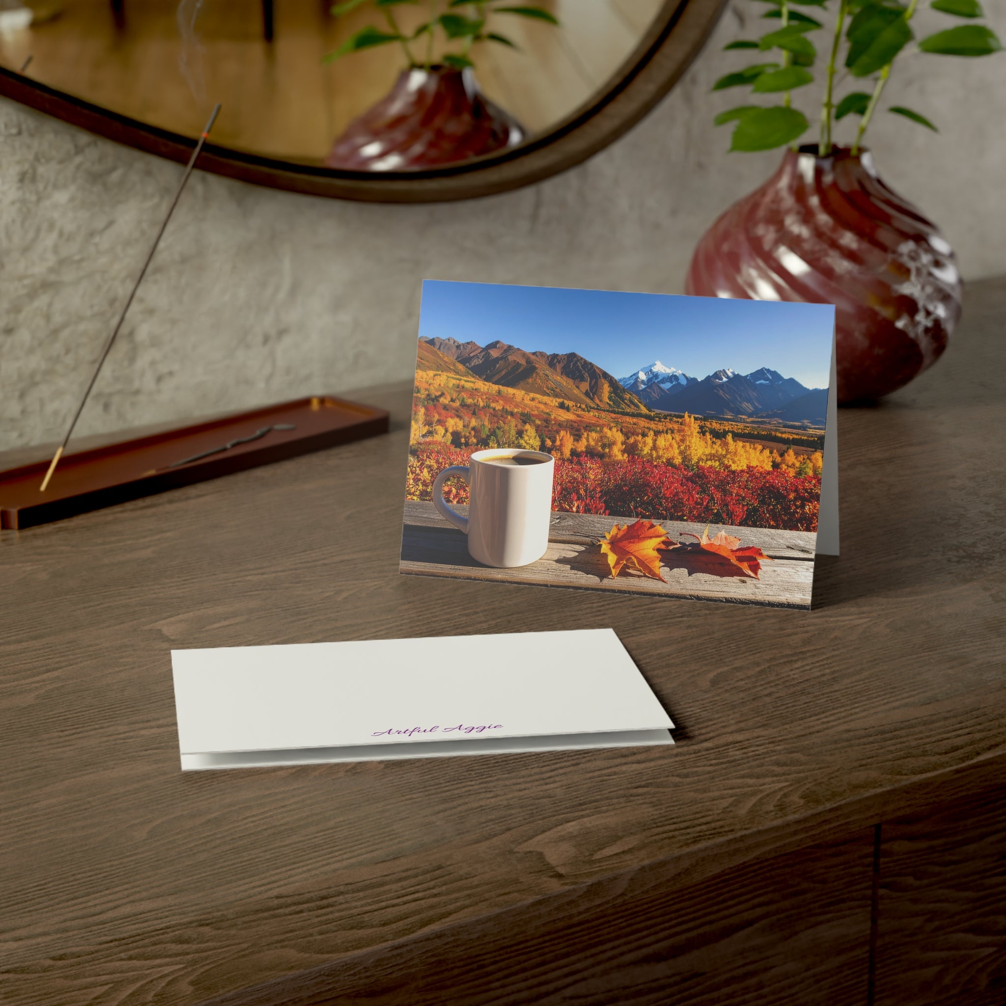 Autumn Mountain Getaway Greeting Card | Fall Colors & Coffee View | Blank Inside | Single or Multi-Pack (3.5x4.9 or 5x7)