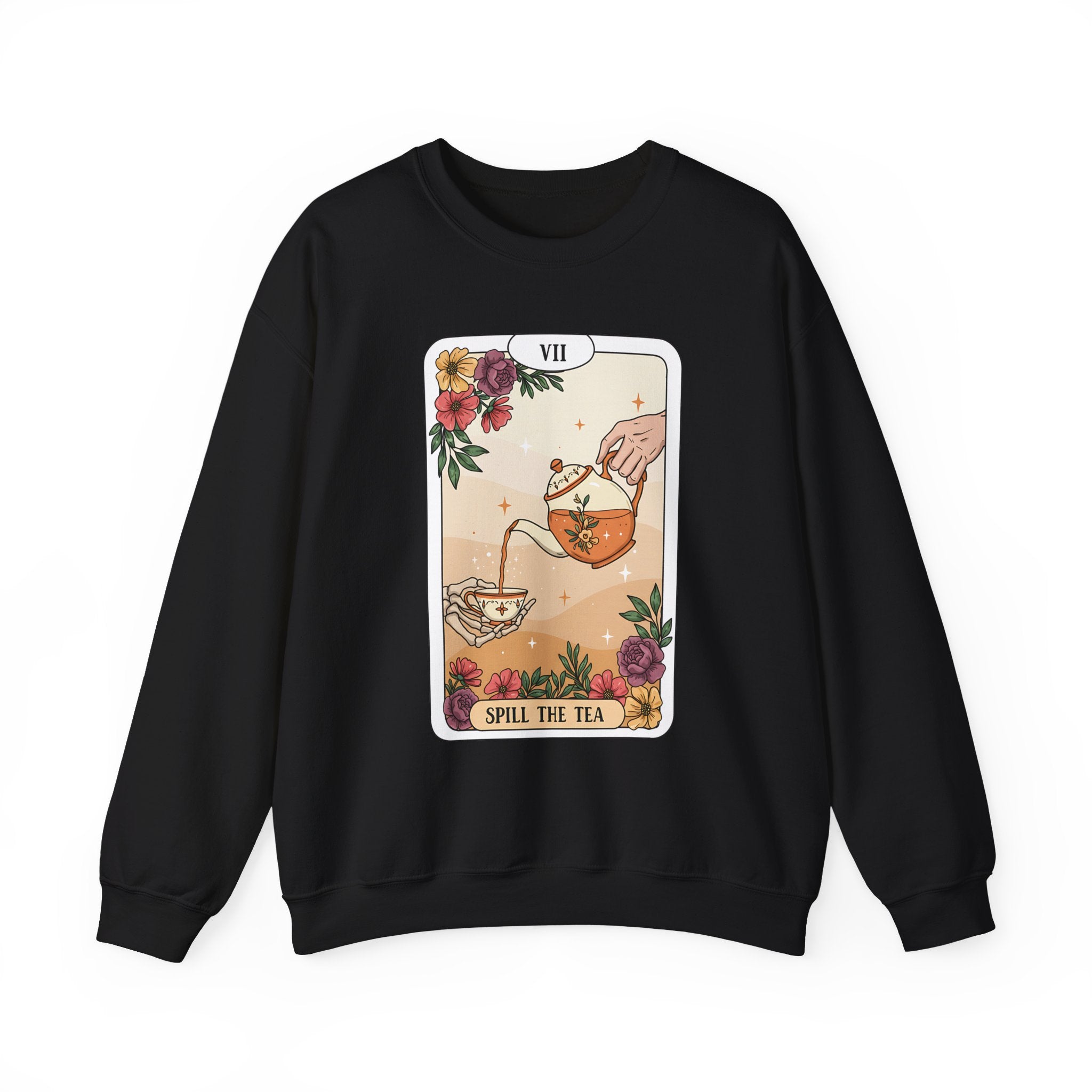 “Spill the Tea” Long Sleeve Shirt – Tarot-Inspired Graphic Tee | Cozy Witchy Apparel | Funny Gift for Tea Lovers