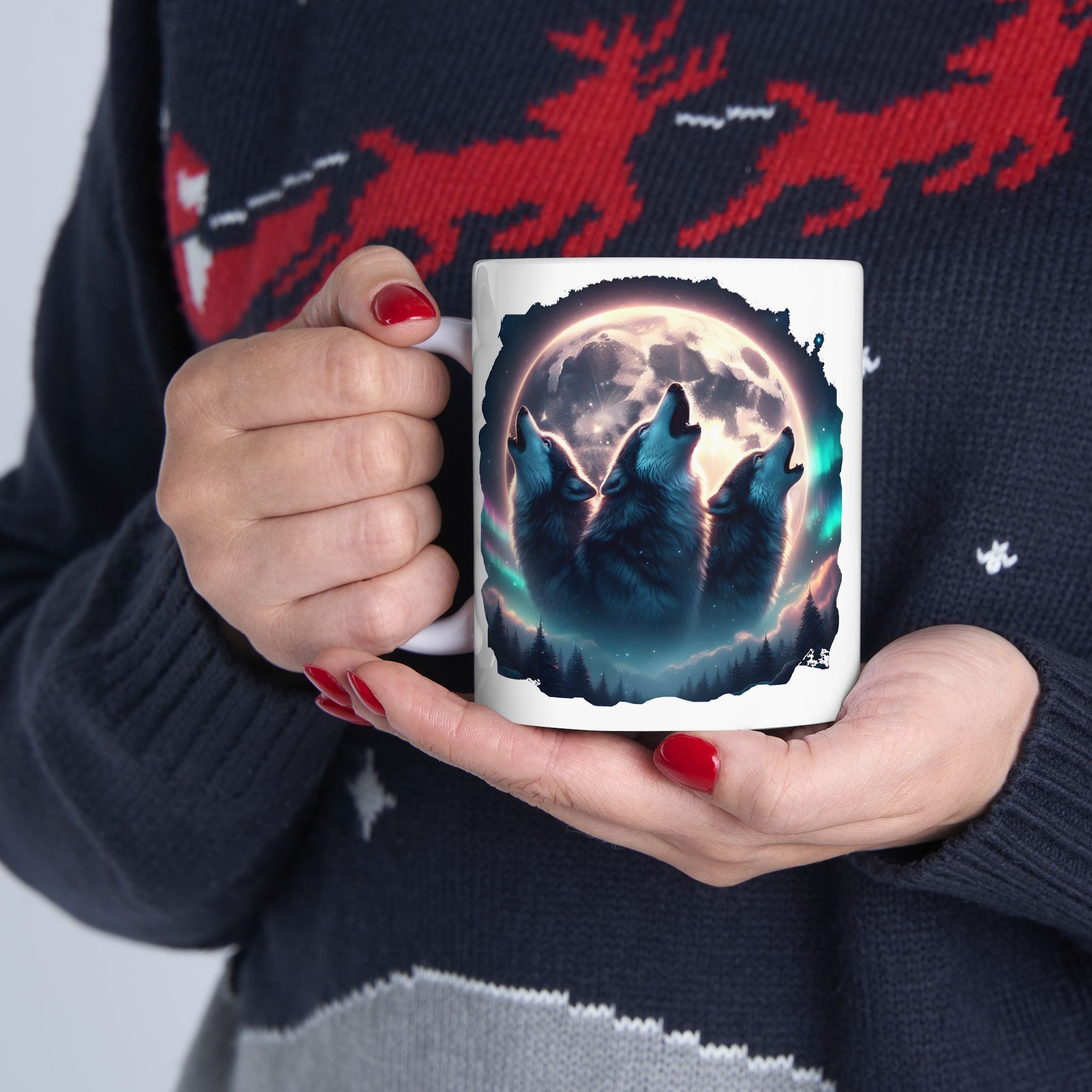 Wolf Howling, Mountains, Moonlight Ceramic Mug (11oz, 15oz)