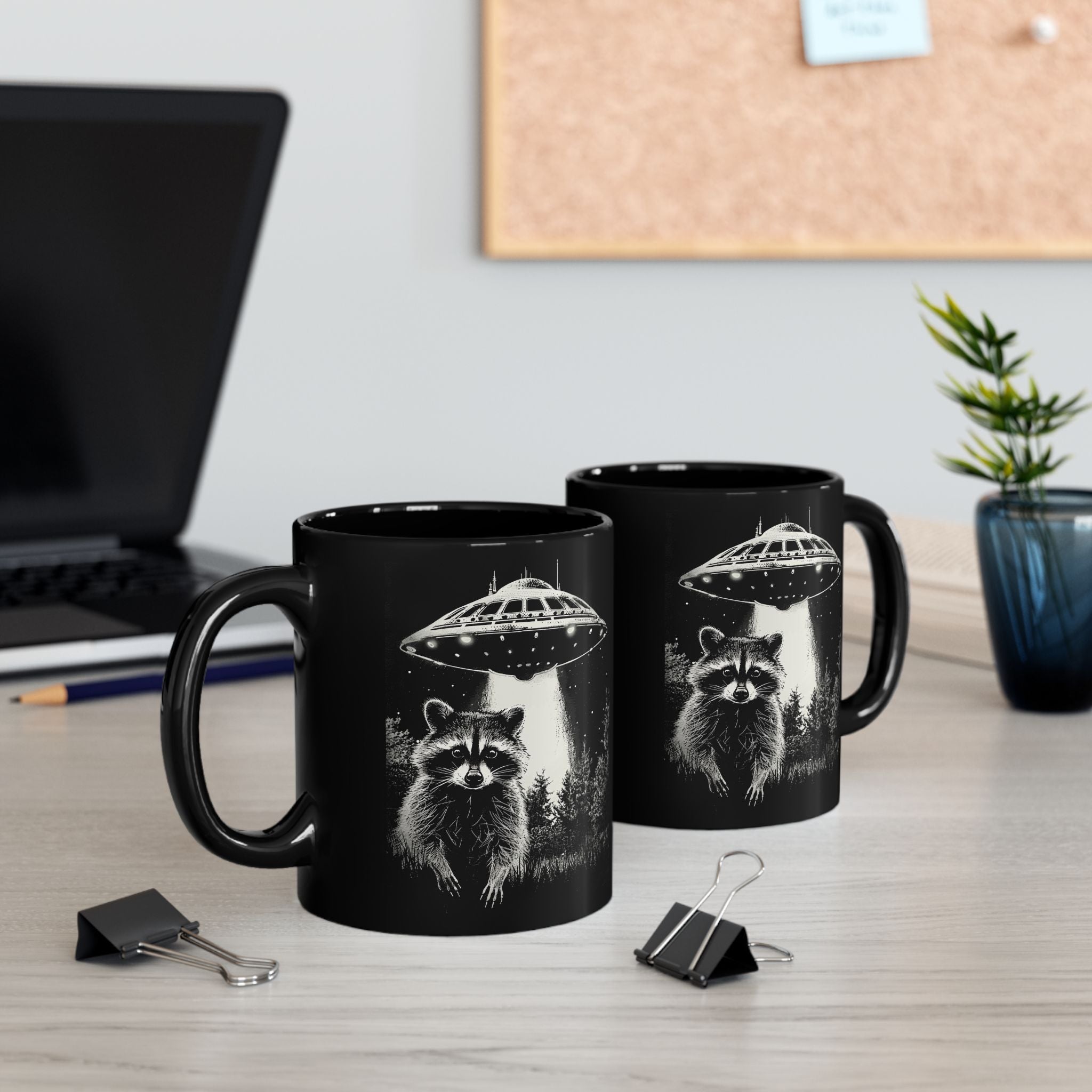 Funny Space Raccoon Mug | Black Ceramic Coffee Cup, 11oz & 15oz | Alien Abduction Parody, Animal Lover Gift, Cosmic Humor Drinkwar
