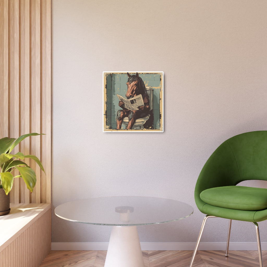 Metal Art Sign - Bathroom Humor, Horse Reading Newspaper on the Toilet, blue bathroom decor