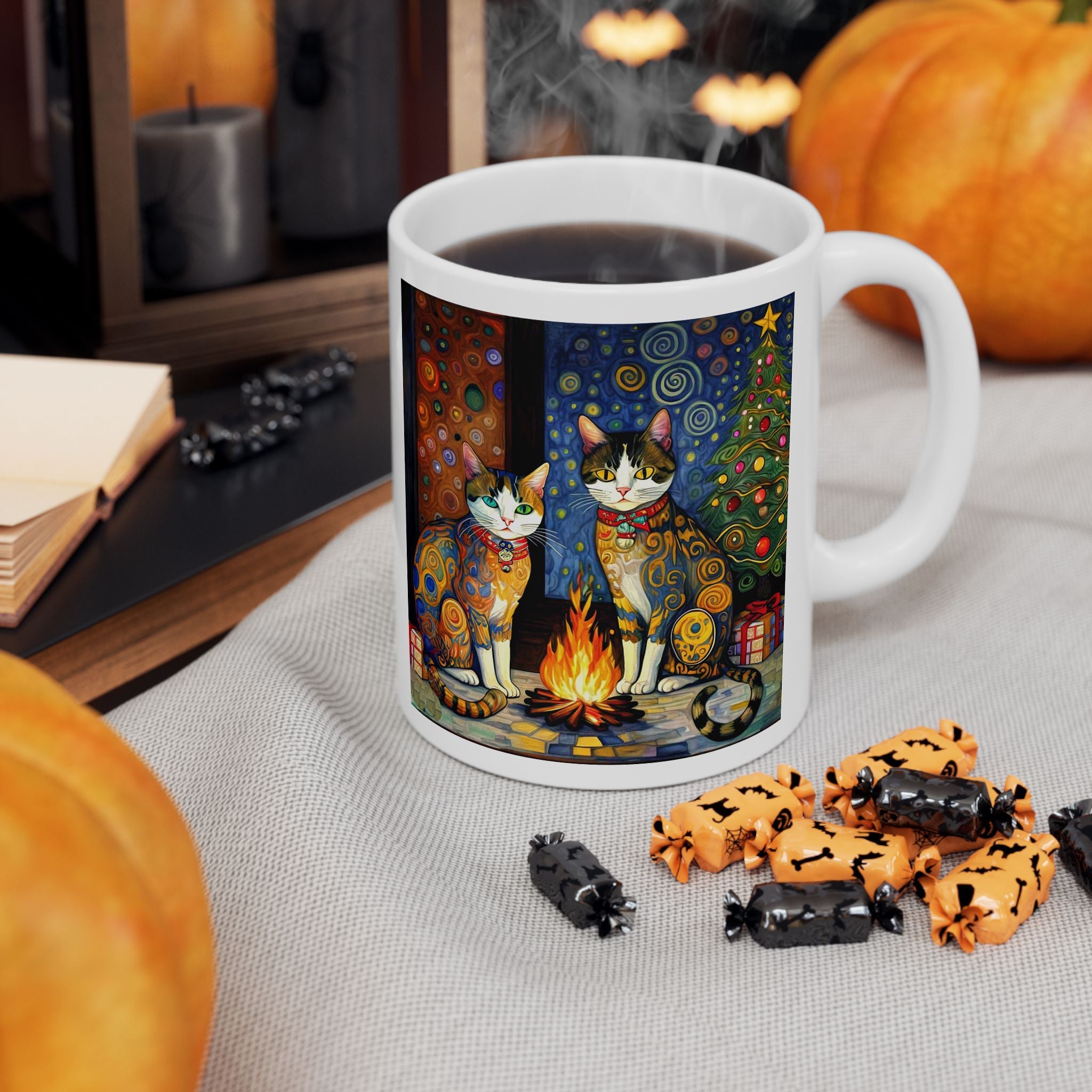 Mug - Colorful Christmas Cats Yule Fire Klimt Style