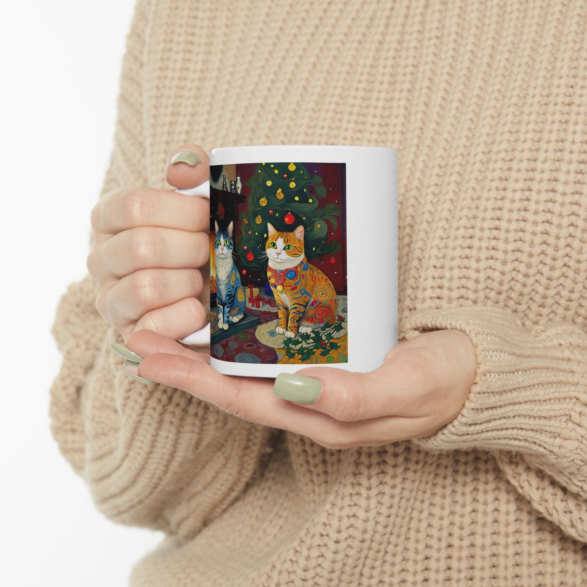 Mug - Colorful Christmas Cats Xmas Tree Yule Fire Klimt Style