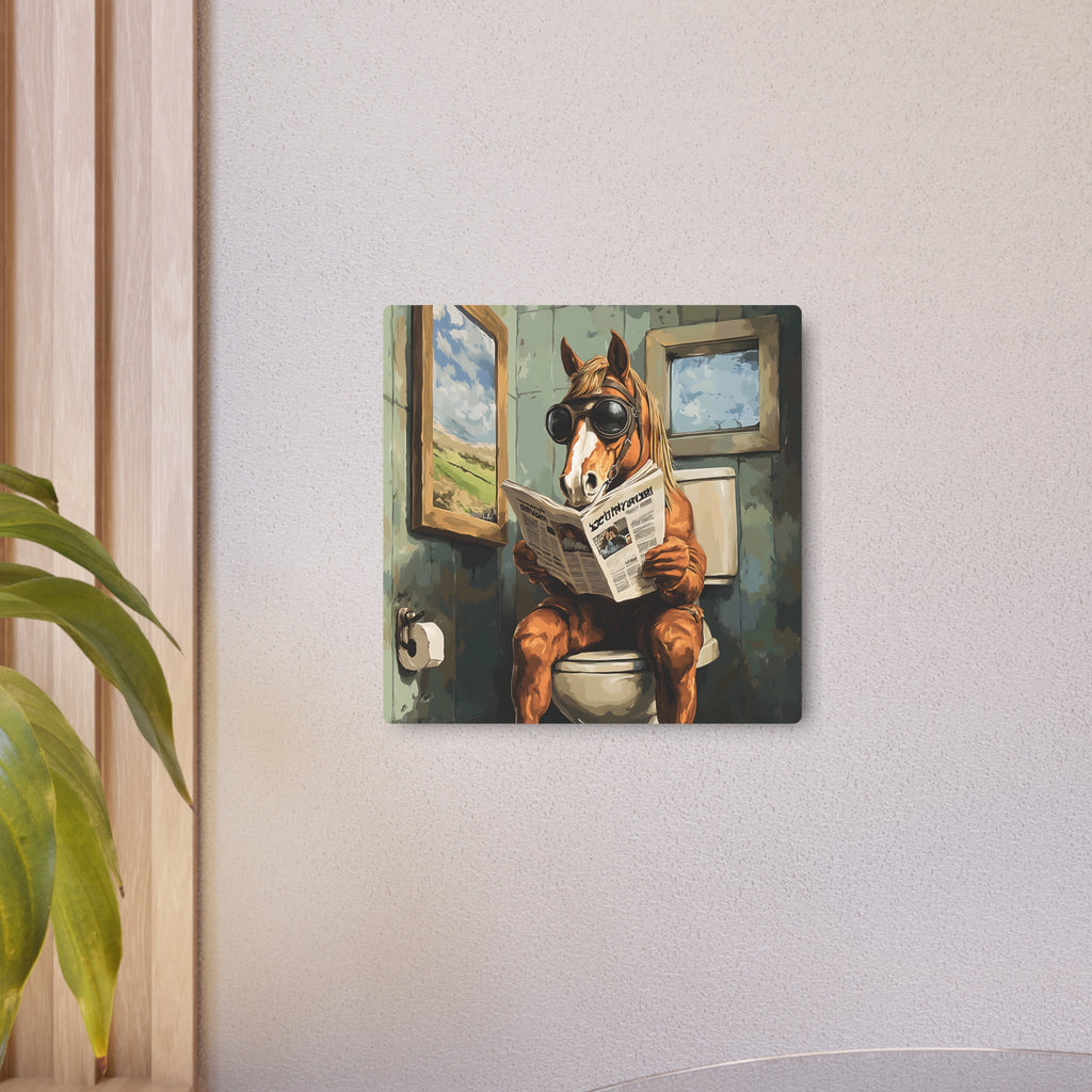 Metal Art Sign - Bathroom Humor, Horse Reading Newspaper on the Toilet, Rustic bathroom decor