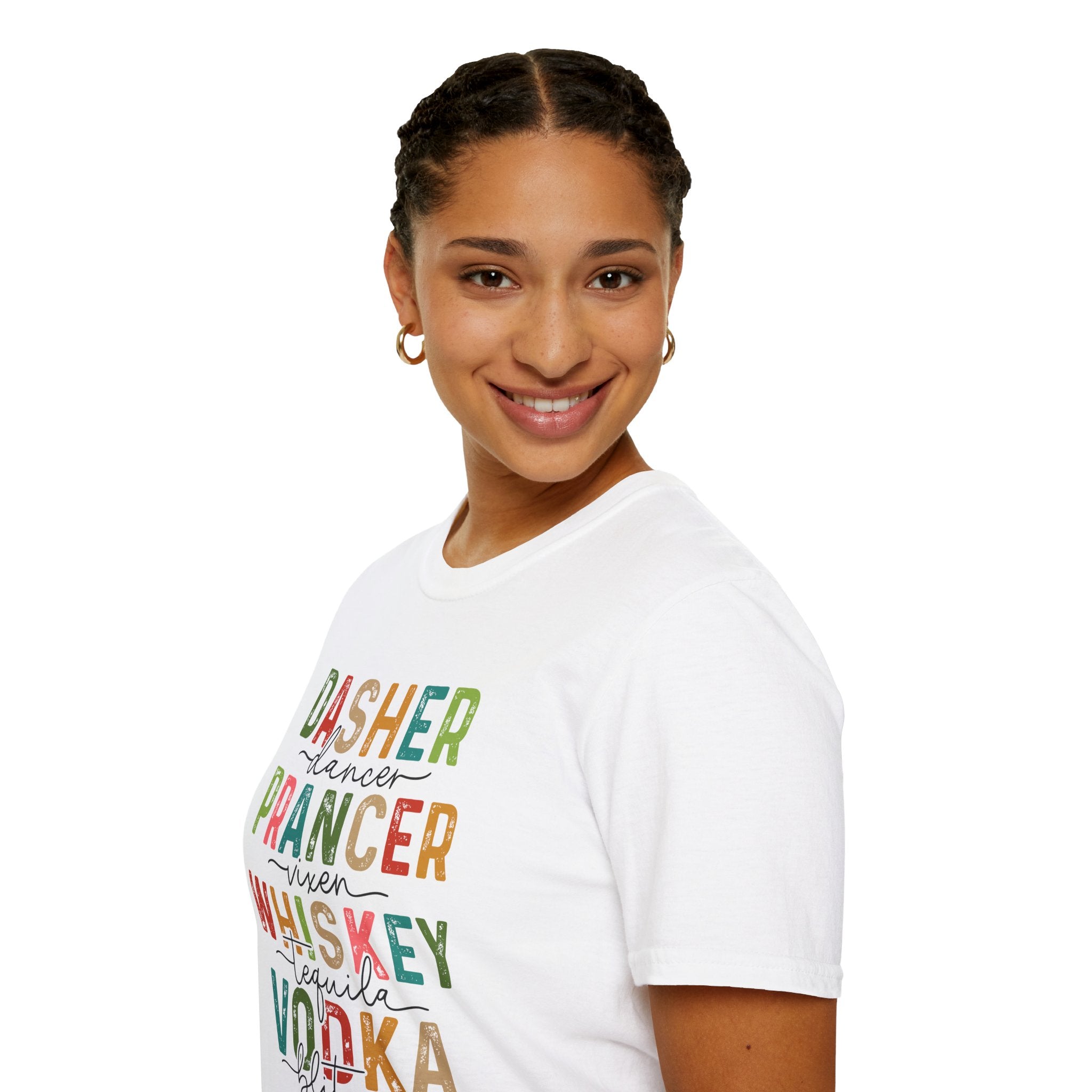 Holiday Reindeer Alcohol Unisex T-Shirt - Dasher Dancer Prancer Vixen Whiskey Tequila Vodka Blitzen
