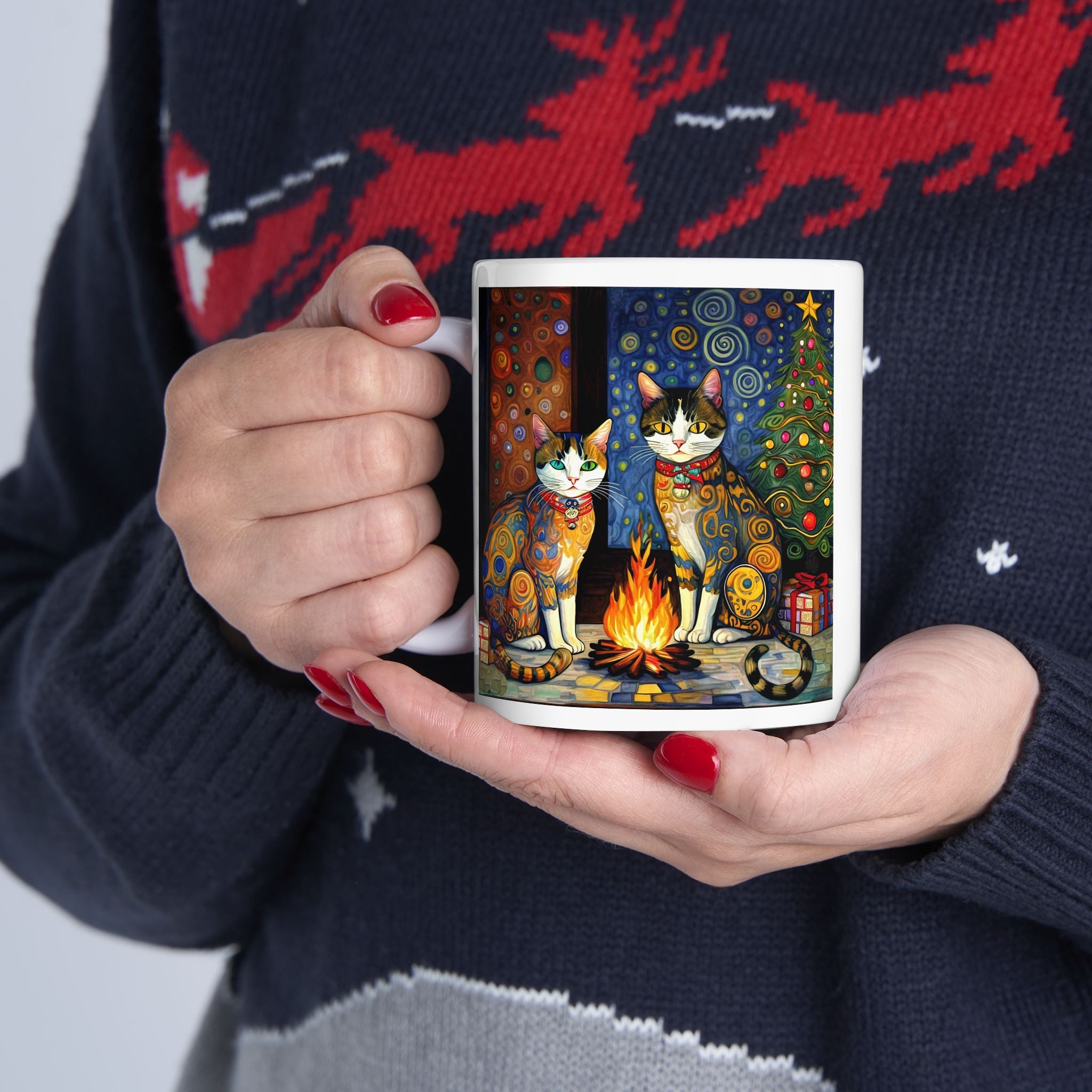 Mug - Colorful Christmas Cats Yule Fire Klimt Style