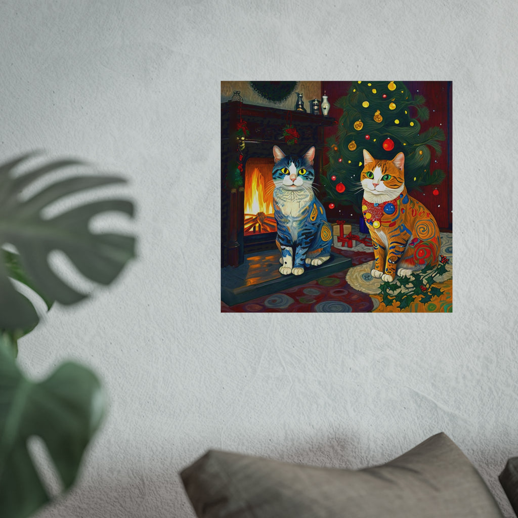 Christmas Cats Holiday Yule Fire Colorful Fine Art Poster