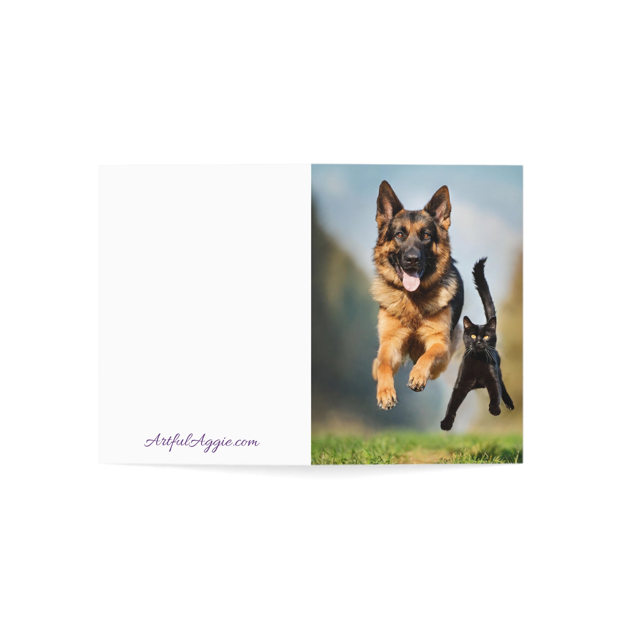 Greeting Card - German Shepherd and Black Cat Flying through the Air