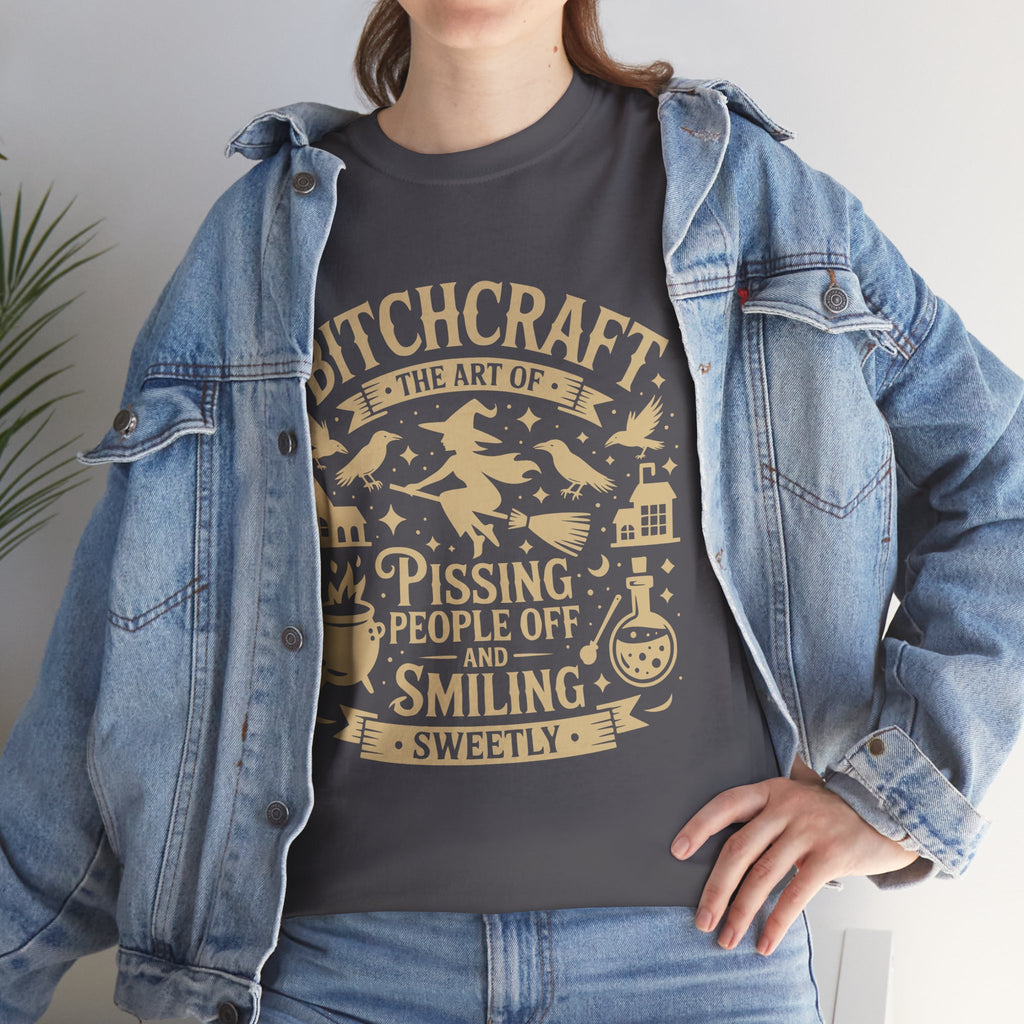 Bitchcraft Unisex Heavy Dark Cotton Tee | Witchy Humor T-shirt, Gift for Witches, Halloween Apparel, Spooky Season Top, Funny Witch Shirt
