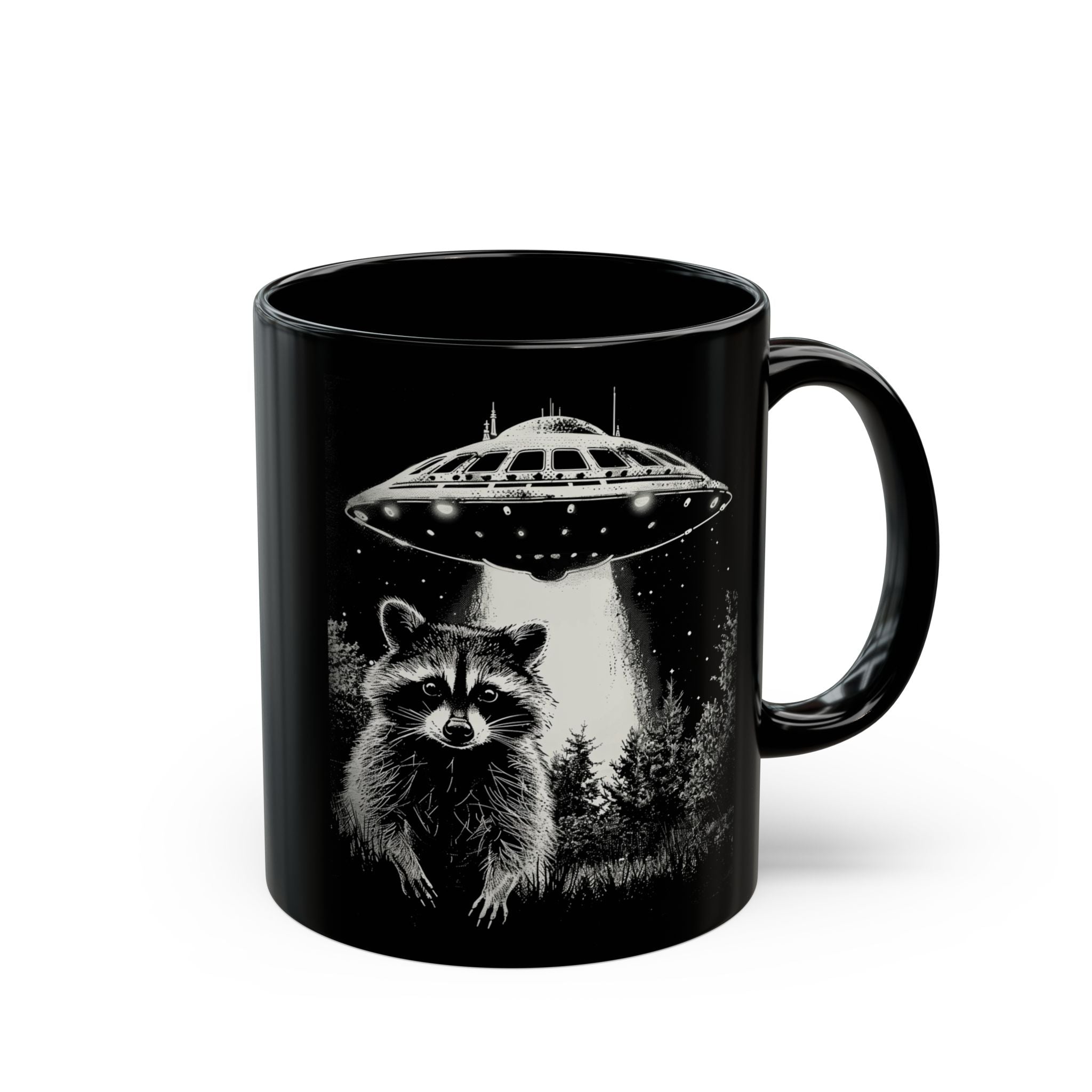 Funny Space Raccoon Mug | Black Ceramic Coffee Cup, 11oz & 15oz | Alien Abduction Parody, Animal Lover Gift, Cosmic Humor Drinkwar