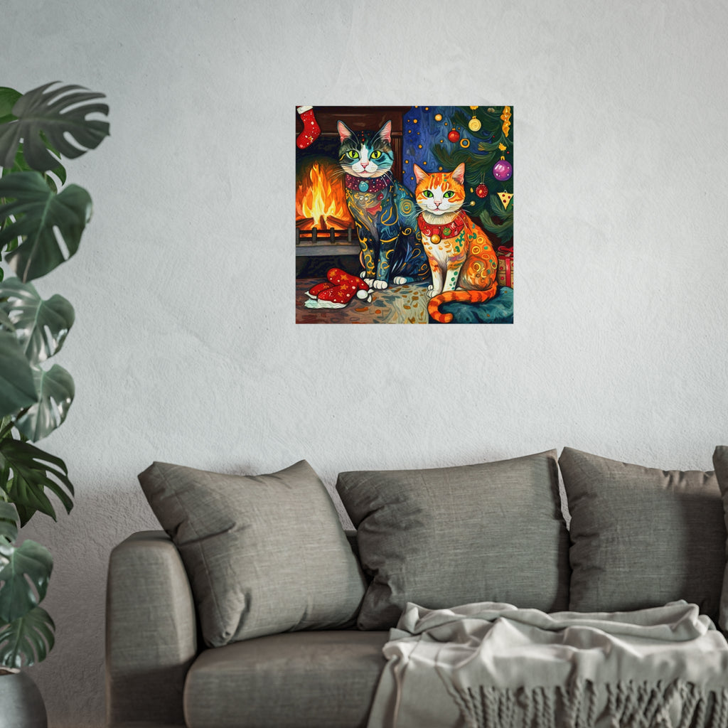 Christmas Cats Holiday Yule Fire Xmas Tree Colorful Fine Art Poster