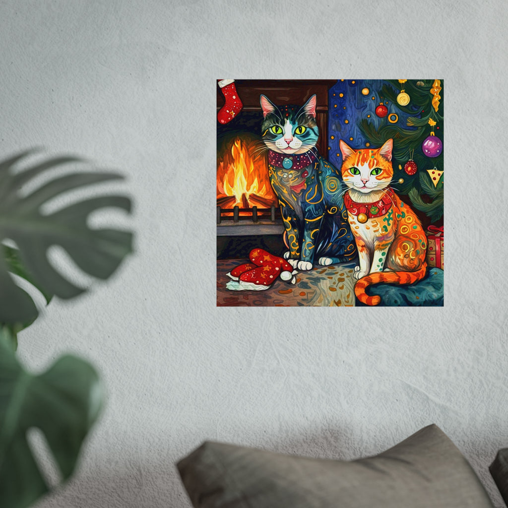 Christmas Cats Holiday Yule Fire Xmas Tree Colorful Fine Art Poster