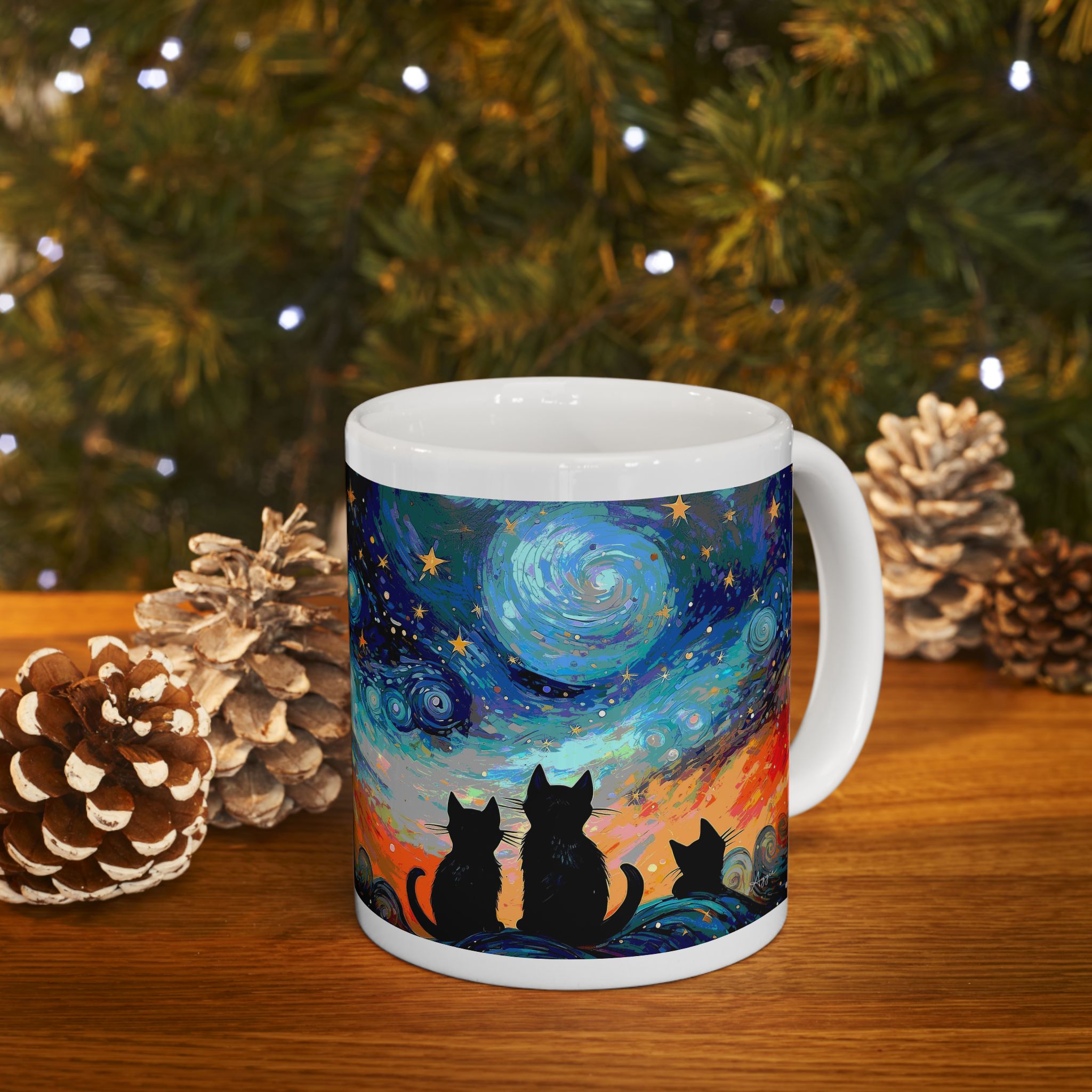 Coffee Mug – Black Cats Under a Starry Night Sky | 11oz & 15oz Ceramic Mug, Cat Lover Gift, Moon & Stars Drinkware, Cozy Reading Cup