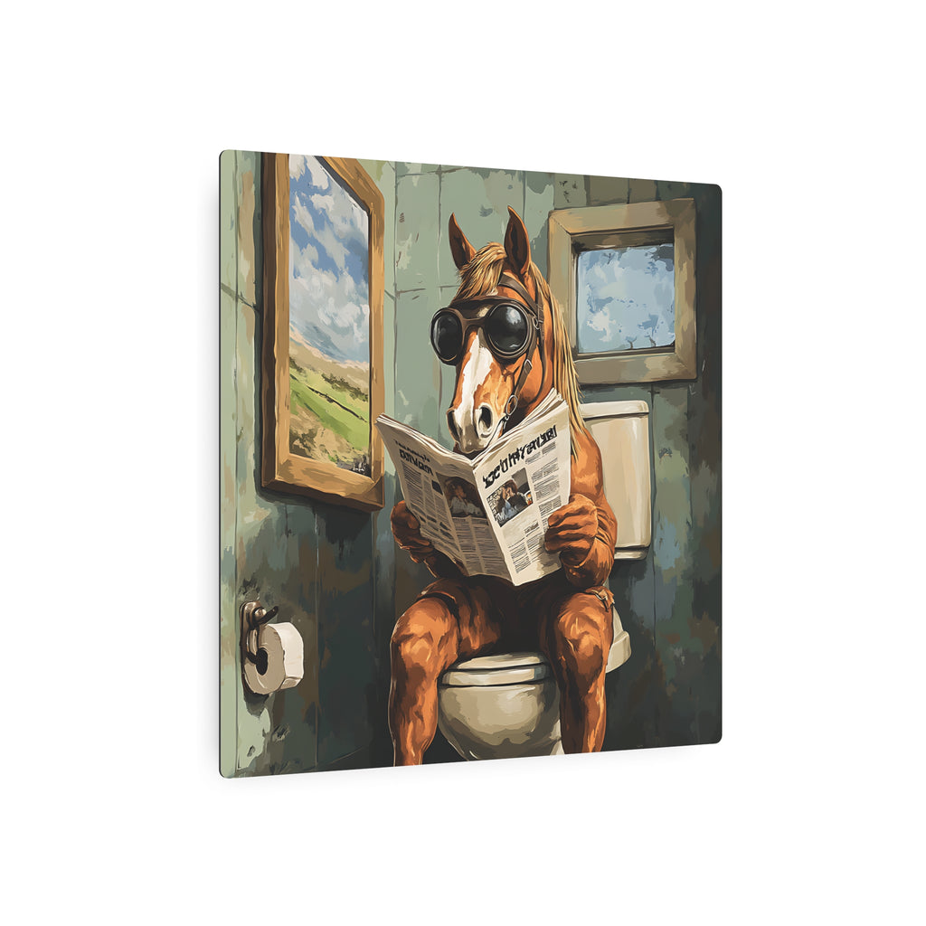 Metal Art Sign - Bathroom Humor, Horse Reading Newspaper on the Toilet, Rustic bathroom decor