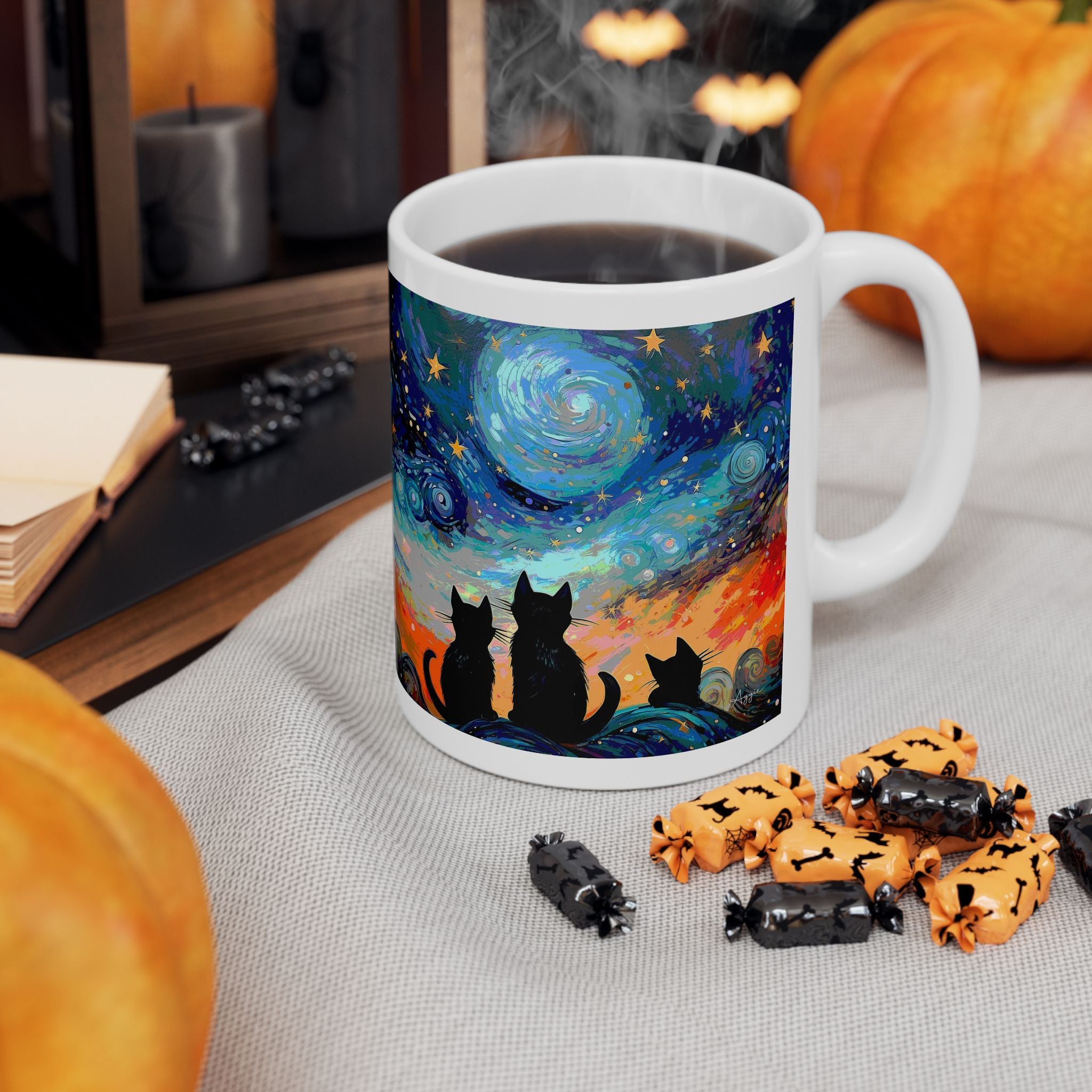 Coffee Mug – Black Cats Under a Starry Night Sky | 11oz & 15oz Ceramic Mug, Cat Lover Gift, Moon & Stars Drinkware, Cozy Reading Cup