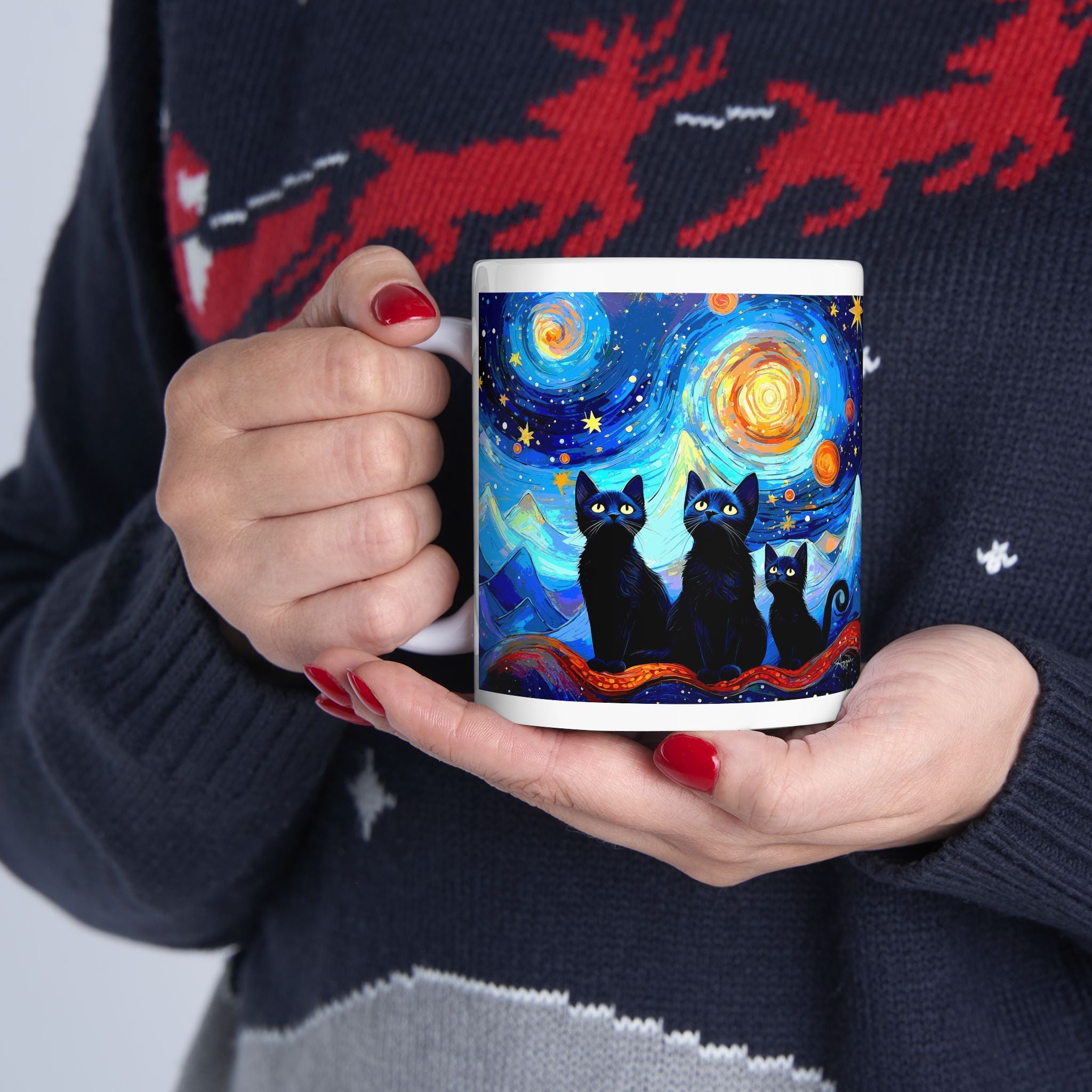 Coffee Mug – Black Cats Under a Starry Night Sky | 11oz & 15oz Ceramic Mug, Cat Lover Gift, Moon & Stars Drinkware, Cozy Reading Cup
