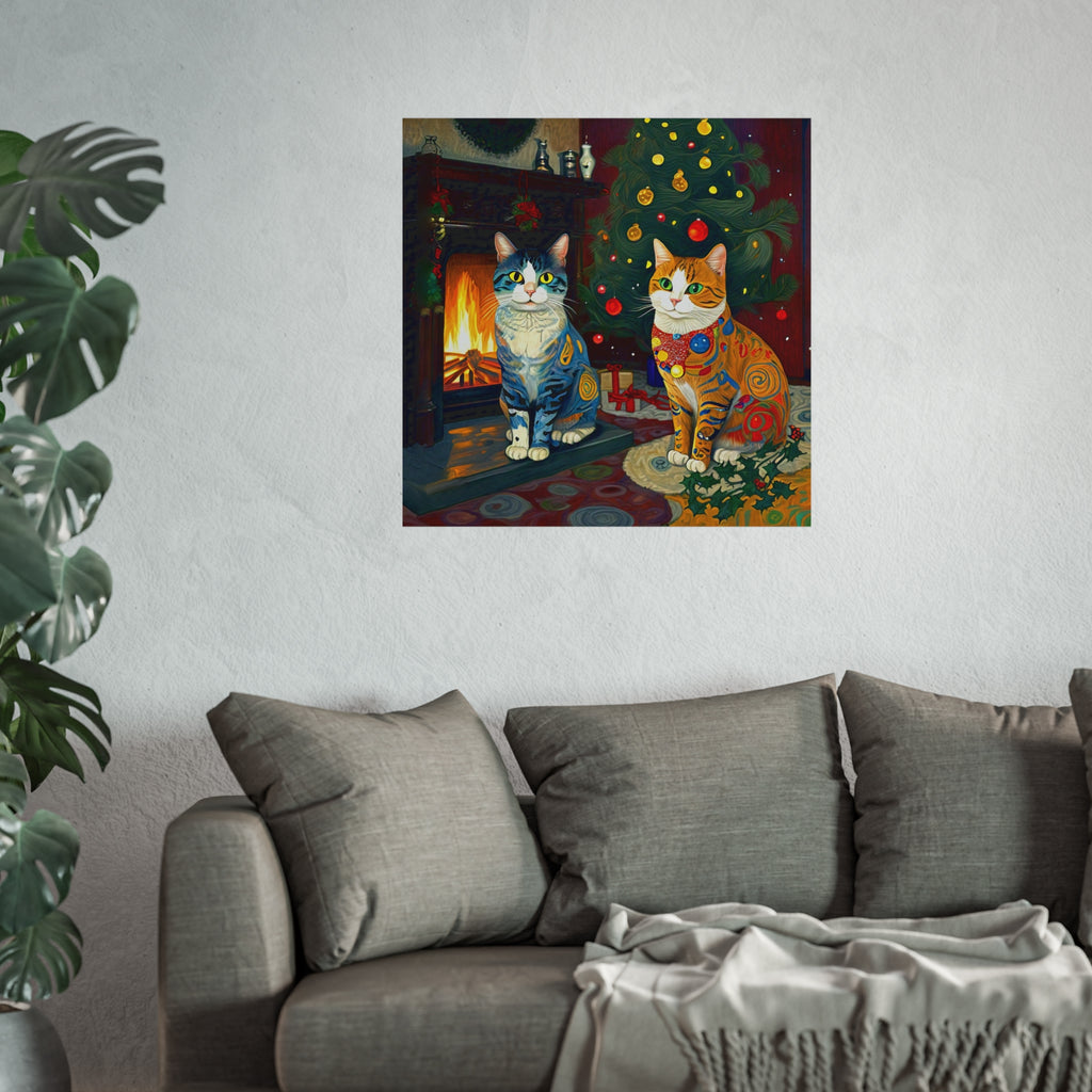 Christmas Cats Holiday Yule Fire Colorful Fine Art Poster